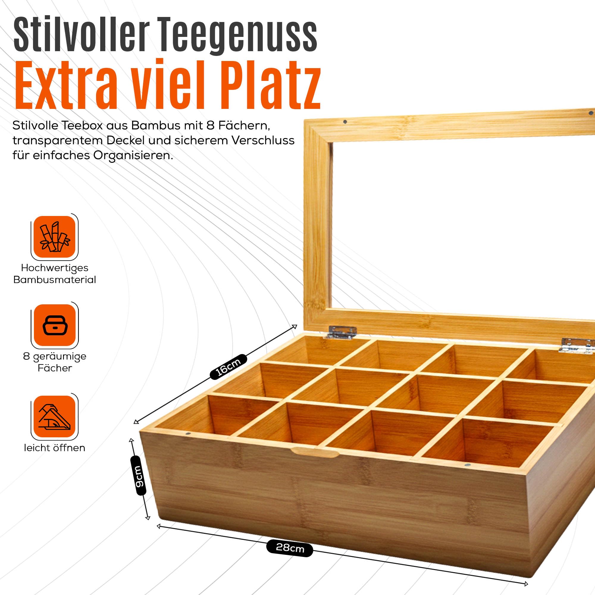 AH® Teebox aus Bambus mit 12 Fächern – Teekiste zur Teebeutel Aufbewahrung mit Sichtfenster & Magnetverschluss, HBT: 9 x 29 x 24 cm, Natur