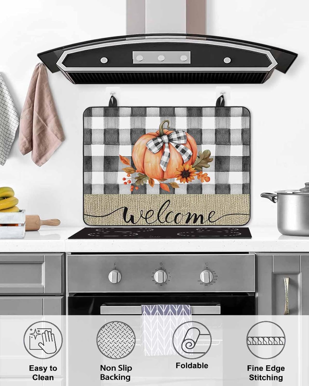 Stove Cover for Electric Stove, Fall Thanksgiving Watercolor Pumpkin Black White Plaid Stove Top Cover for Glass Top, Heat Resistant Rubber Mat Foldable Cooktop Cover Top Protector, 36"x21"