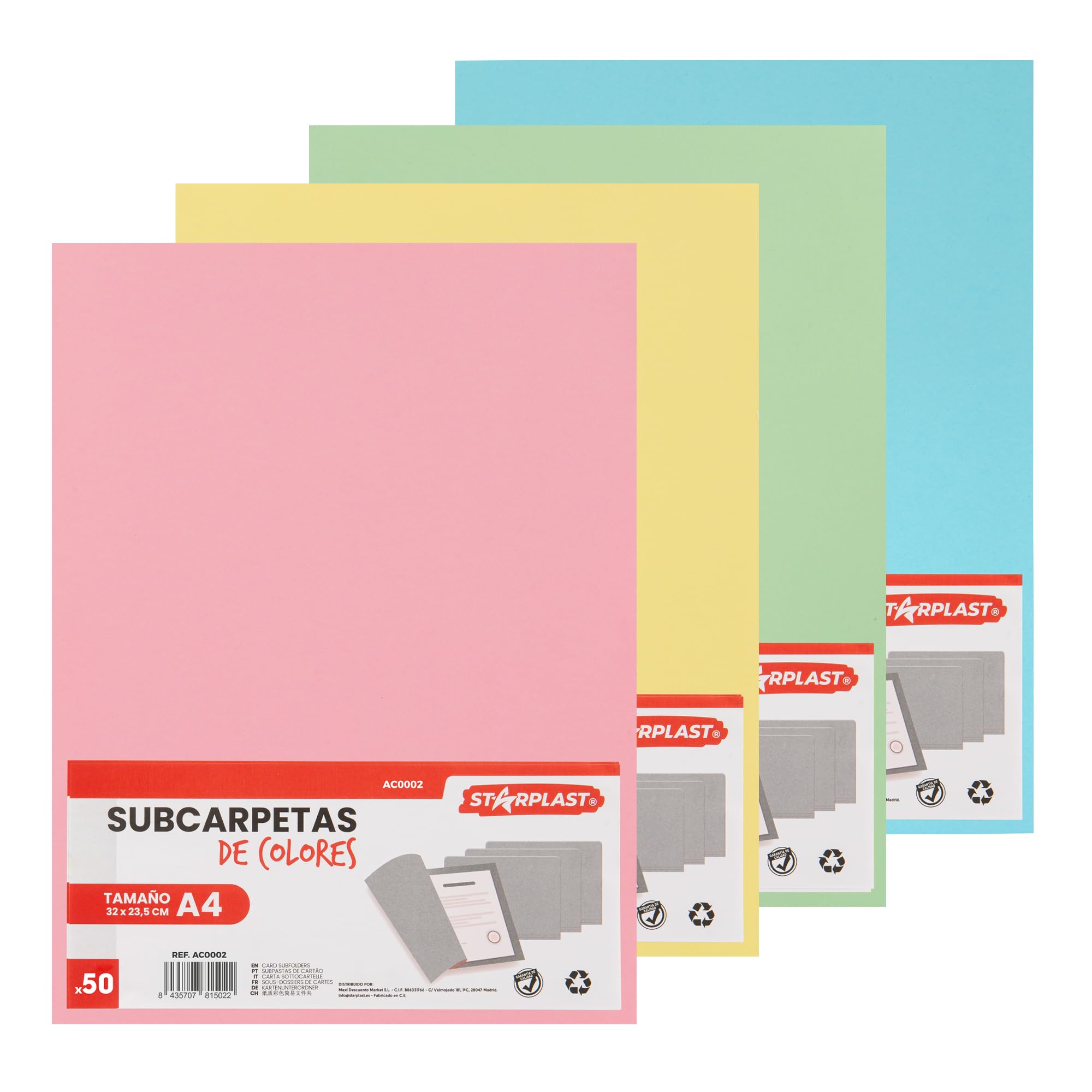 Starplast 200 Subcarpetas colores pastel, 160 gr, Tamaño A4, 32x23,5 cm, packs monocolor y surtido, archivos, escuela, hogar, oficina, adulto, instituto, cartón - MULTICOLOR