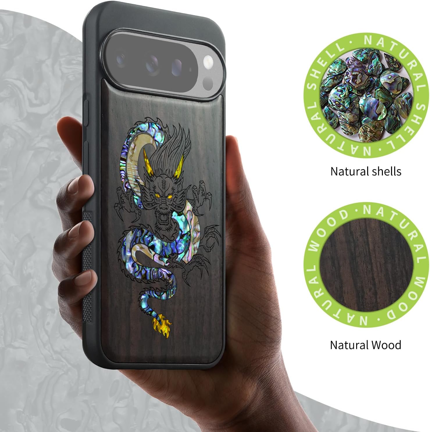 Carveit Magnetic Wooden Case for Pixel 10 / Pixel 10 Pro Case, Wood Artisan Engraved & Handmade Shell Inlaid, Compatible with MagSafe Wireless Chargers, The Oriental Dragon - Blackwood