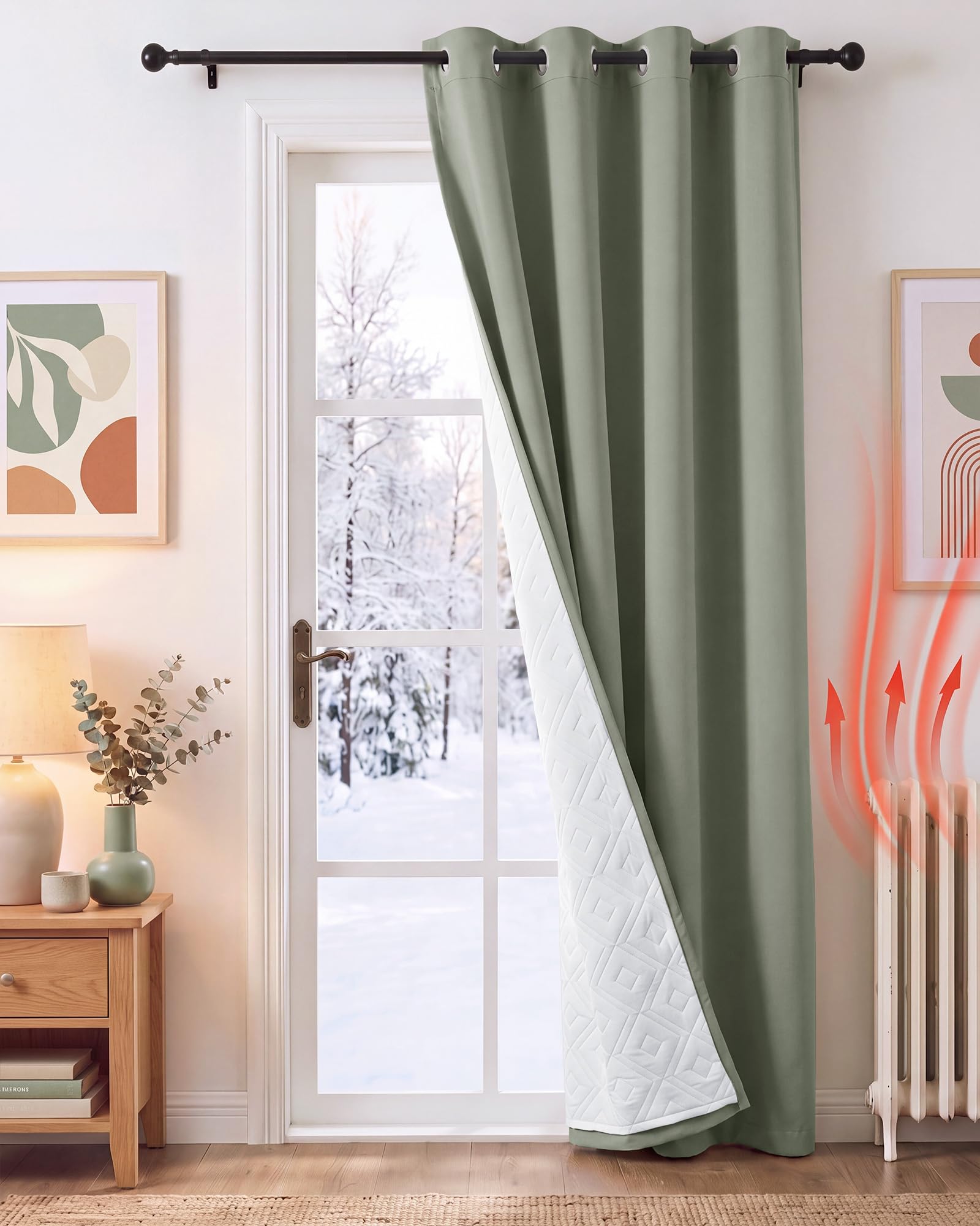 PONY DANCE Thermal Door Curtain with Quilted Lining, Sage Green, 55x84 Inch