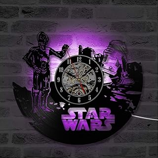 C3PO R2D2 Gwiezdne Wandklok dekoracyjny vintage zwart winyl podświetlenie LED zegar ścienny