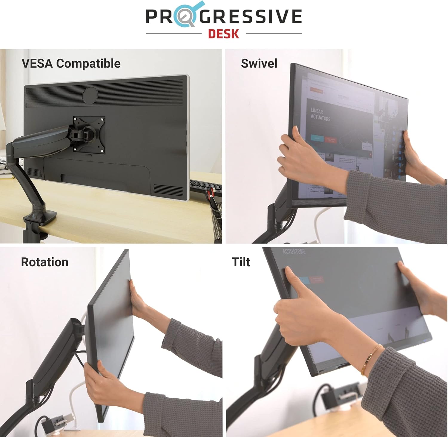Progressive Desk Single Gas Spring Monitor Stand - Fits 17"-30" Monitors - ±180 Monitor Rotation - Arm Holds Up to 20 lbs