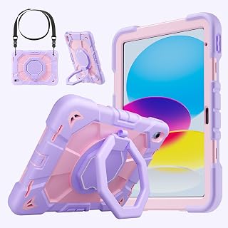 Case for iPad 10th Gen 10.9" 2022 (A2696 A2757 A2777) & iPad 11th Gen 11" 2025 (A3354 A3355 A3356), 360° Rotatable Foldable Handle, Shoulder Strap & Stylus Slot, Purple Pink