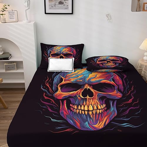 Miniatura 3 de Juego de sábanas de calavera tamaño King, sábanas de terror para niños y niñas, juego de sábanas aterradoras con sábana bajera de bolsillo profundo,