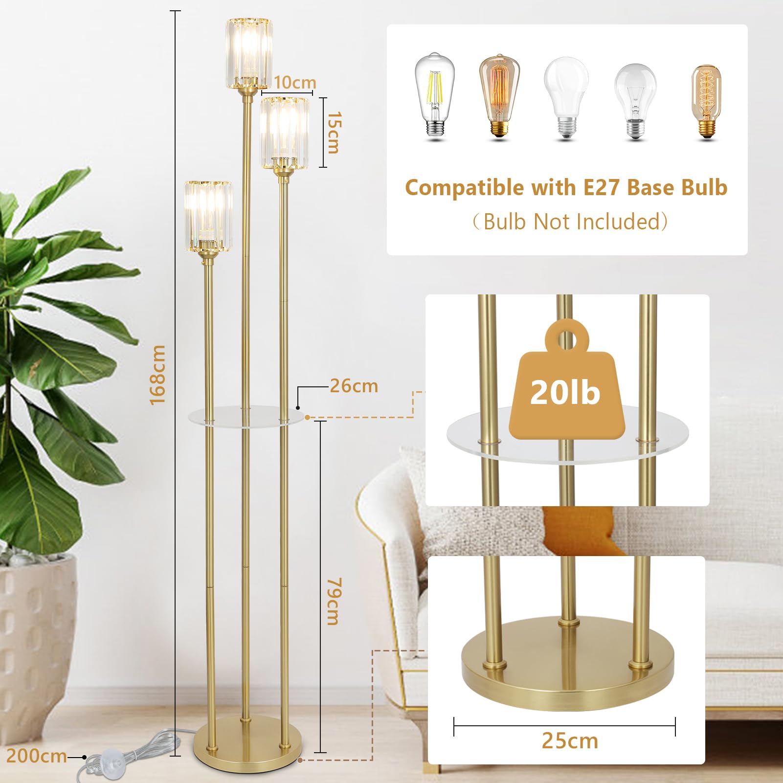 Rayofly Gold Stehlampe Wohnzimmer, Modern Stehlampe mit Regal, 3-flammige Vintage Stehleuchte mit Glas Lampenschirm & Fußschalter, Kristall Stehlampen für Schlafzimmer Büro, Glas Stehlampen Wohnzimmer