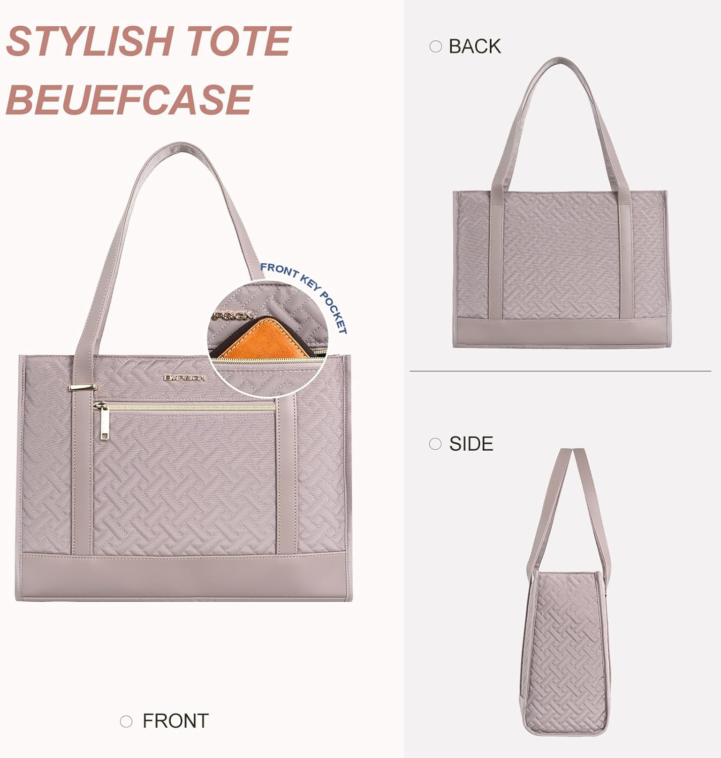 EMPSIGN Laptop Tote Bag for Women 16 Inch, Stylish Computer Shoulder Tote Bag for Work, Large Capacity Quilted Laptop Briefcase, Waterproof Women Business Office Bag, Quilted Grey Pink - Image 5