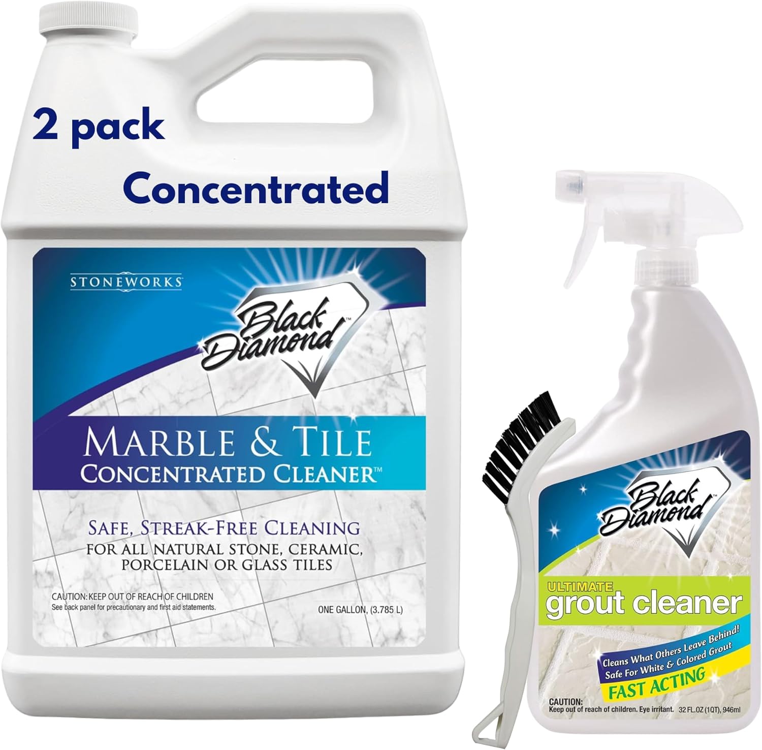 Black Diamond Stoneworks Marble & Tile Cleaner Gallon + Ultimate Grout Cleaner with Brush Quart (2-Pack) – Safe for Natural Stone, Deep Grout and Tile Cleaning to Restores Shine