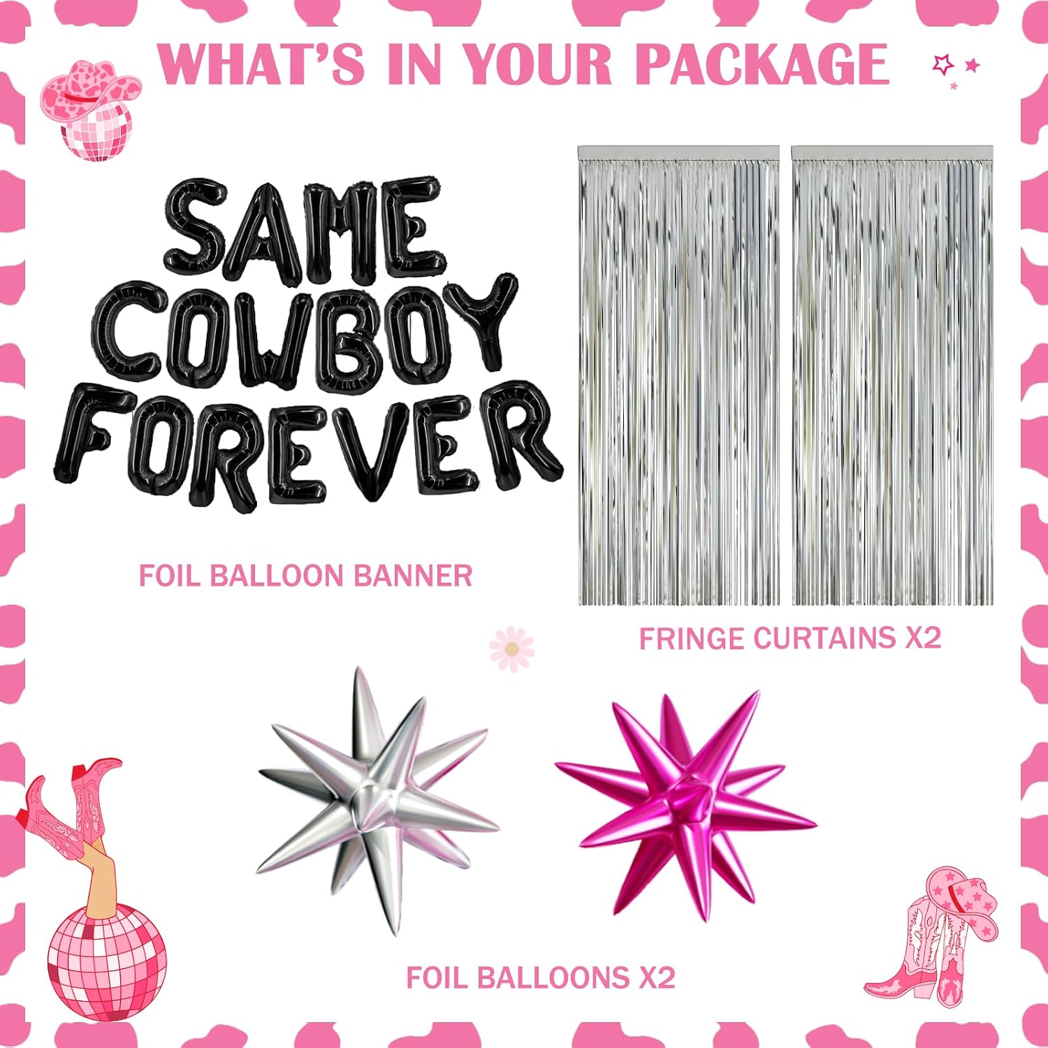 Party Inspo Same Cowboy Forever Bachelorette Decorations - Western Disco Cowgirl Party, Nashville Bridal Shower Fringe Curtain Balloon Pink Silver Black
