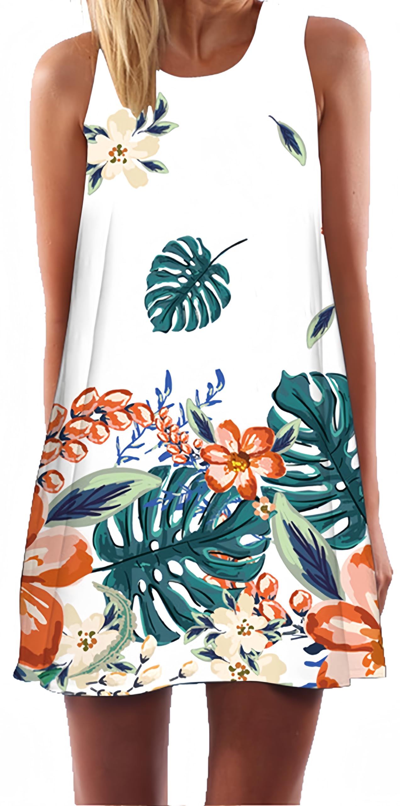 Ocean Plus Mujer Vintage Vestido Sin Mangas Cuello Redondo Vestido de Playa Vestido de Tirantes Camisetas Camisa Corta Vestido de Blusa