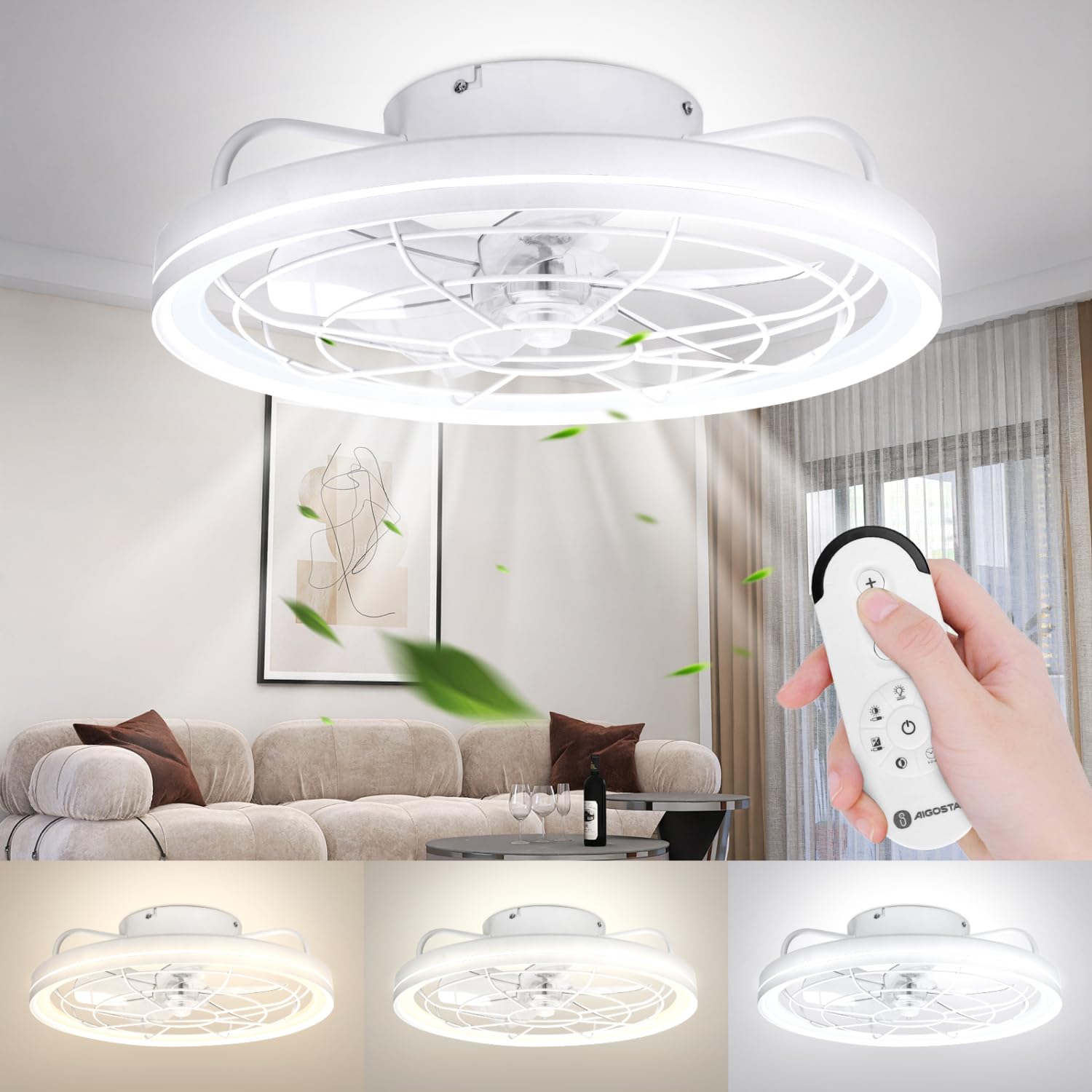 Aigostar Ventilatore da Soffitto Con Luce e Telecomando, Lampadario con Ventilatore da Soffitto con Timer, Luminosità Regolabile e Temperatura Colore 2700K-6500K, 6 Velocità, Silenzioso, Motore DC