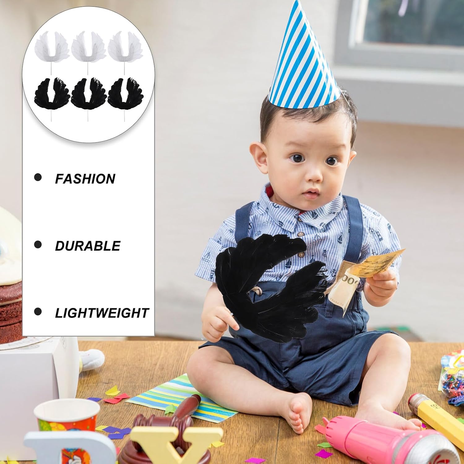 Plume Cake Insert and Cupcake Topper Set, Large Feather Angel Wings, White and Black 6pcs Non-edible Dessert Decoration for ’s Birthday Party