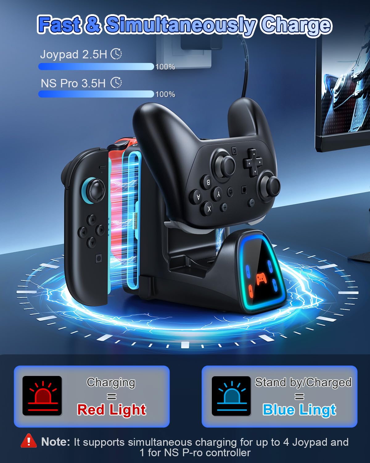 [para Switch 2/1] 9 en 1 Controller estación de carga para Joy Con 2/1 y para Pro Controller 2/1, cargador rápido para Nintendo Switch 2/Switch 1/OLED/P-ro accesorios con luces RGB