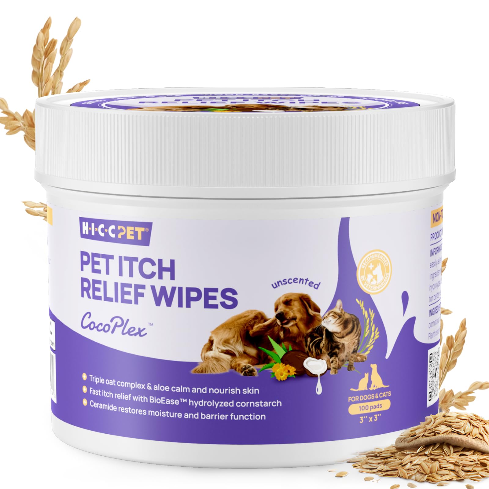 HICC PET Itch Relief Wipes for Dogs & Cats, Rapidly Relieves Itching, Soothes Hot Spots and Skin Irritations, Hypoallergenic Hot Spot Treatment Cleaning Wipes, Alleviate Dry Itchy Skin - 100 Count