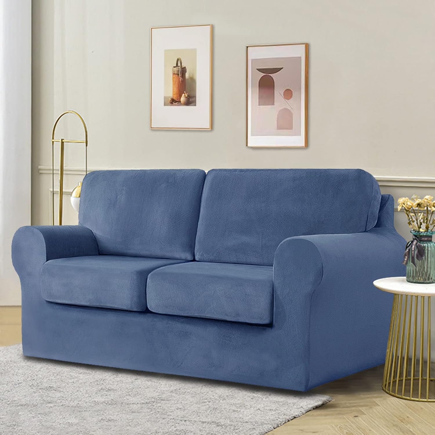 Stretch Velvet Plush Couch Covers for 3 Cushion Couch - Soft Non Slip Furniture Protector Sofa Slipcover for Living Room -H-Large
