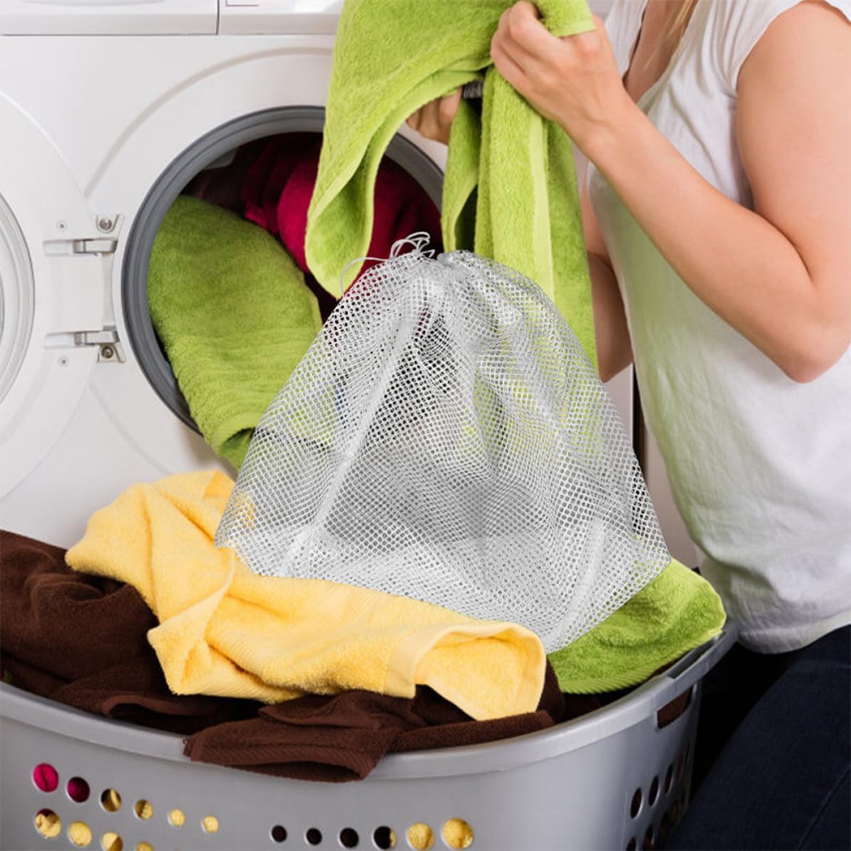 3pcs Drawstring Mesh Laundry Bag for Underwear, White