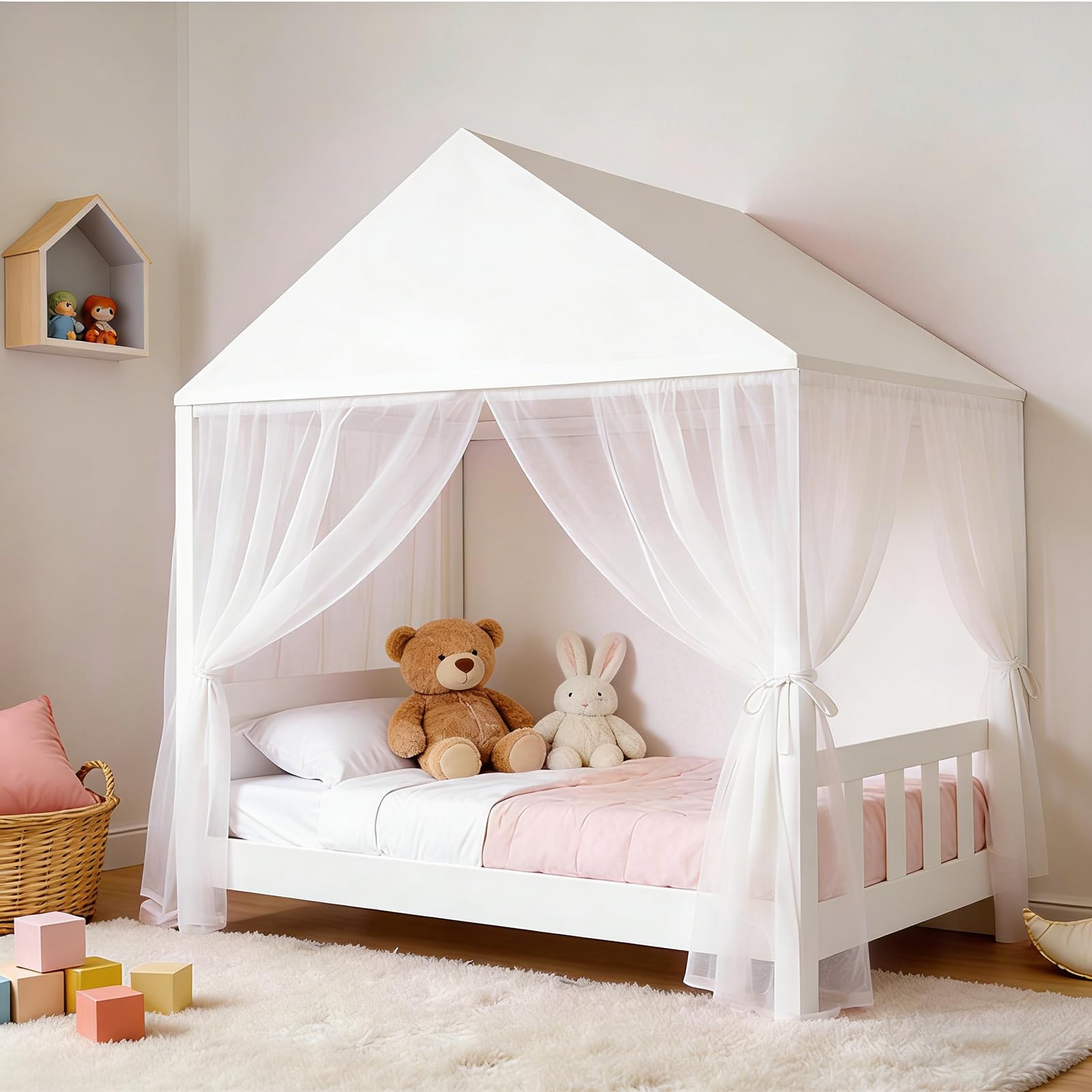 GFCC Prinzessinnen Bettvorhang für Hausbett mit dreieckigem Dach, Weiß Himmelbett Moskitonetz Baldachin als Dekoration für Mädchen Kinderzimmer – 209x127x160cm