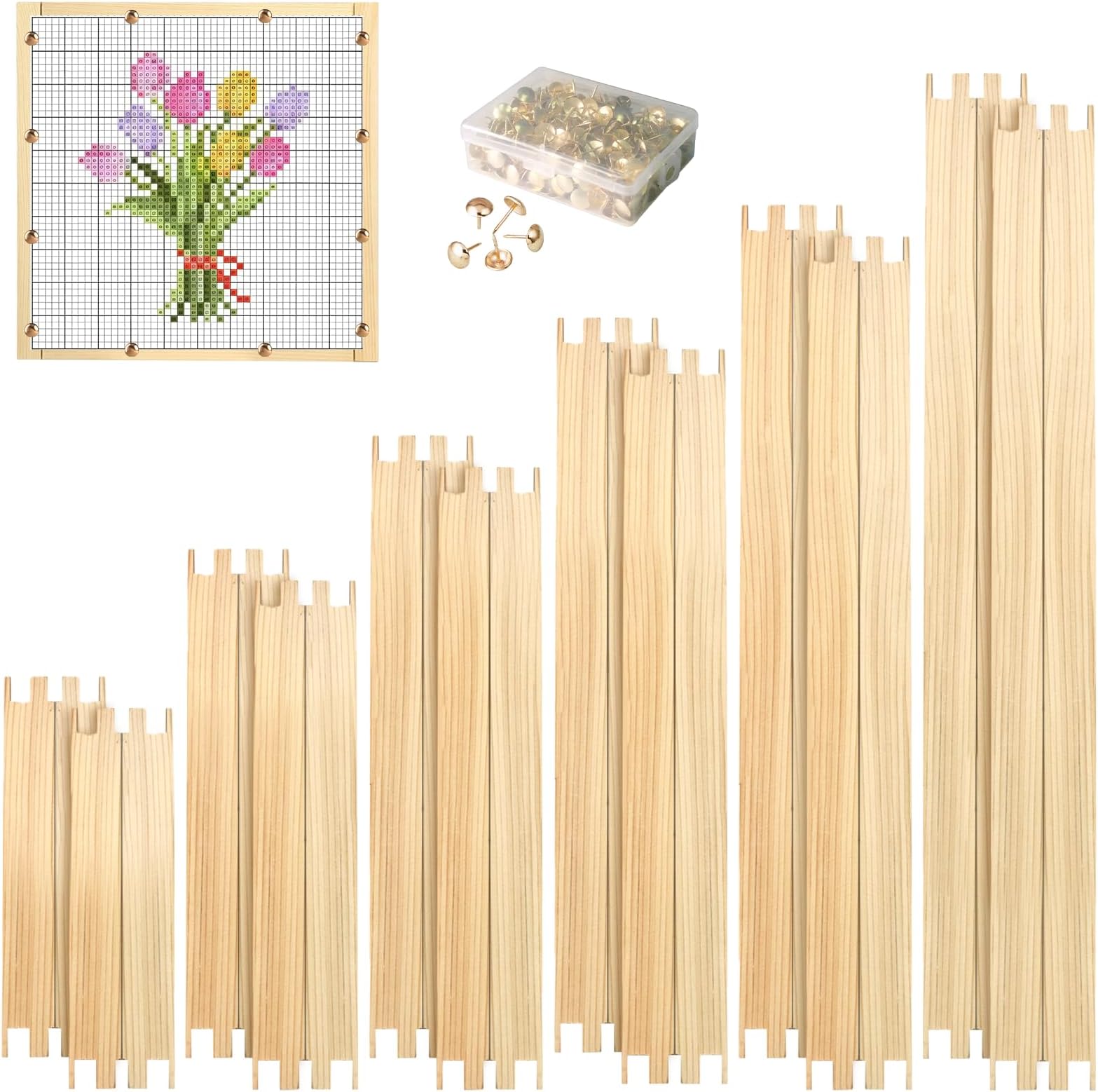 Primst 24 Pcs 6 Sets Needlepoint Stretcher Bars, 6 Sizes Wooden Canvas Stretcher Bars with 100 Thumb Tacks for Needlepoint Embroidery Stitch Frame Set Bundle with Crafts