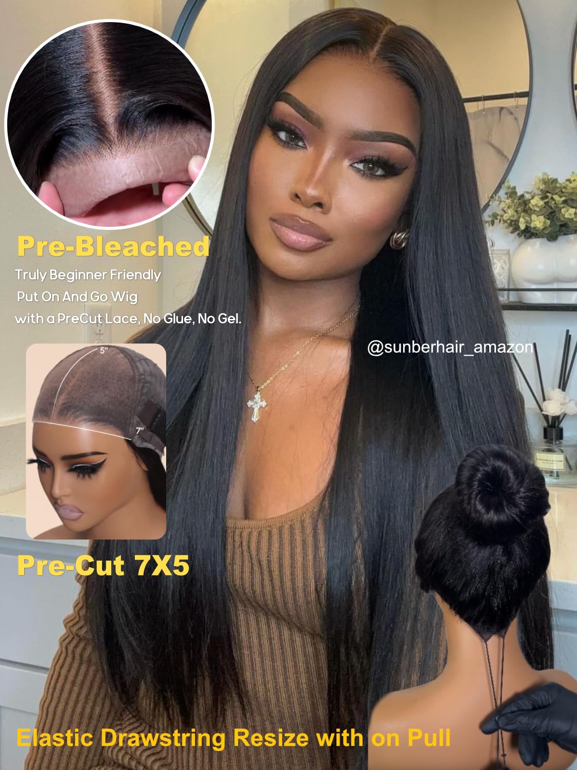 Sunber Yaki Straight Human Hair Wig with Drawstring Bye Bye Knots Pre Cut 7x5 Lace Front Glueless Yaki Wig 180% Density Upgrade 3D Cap Put On Go Pre Plucked with Baby Hair Pre Bleached Knots 18Inch