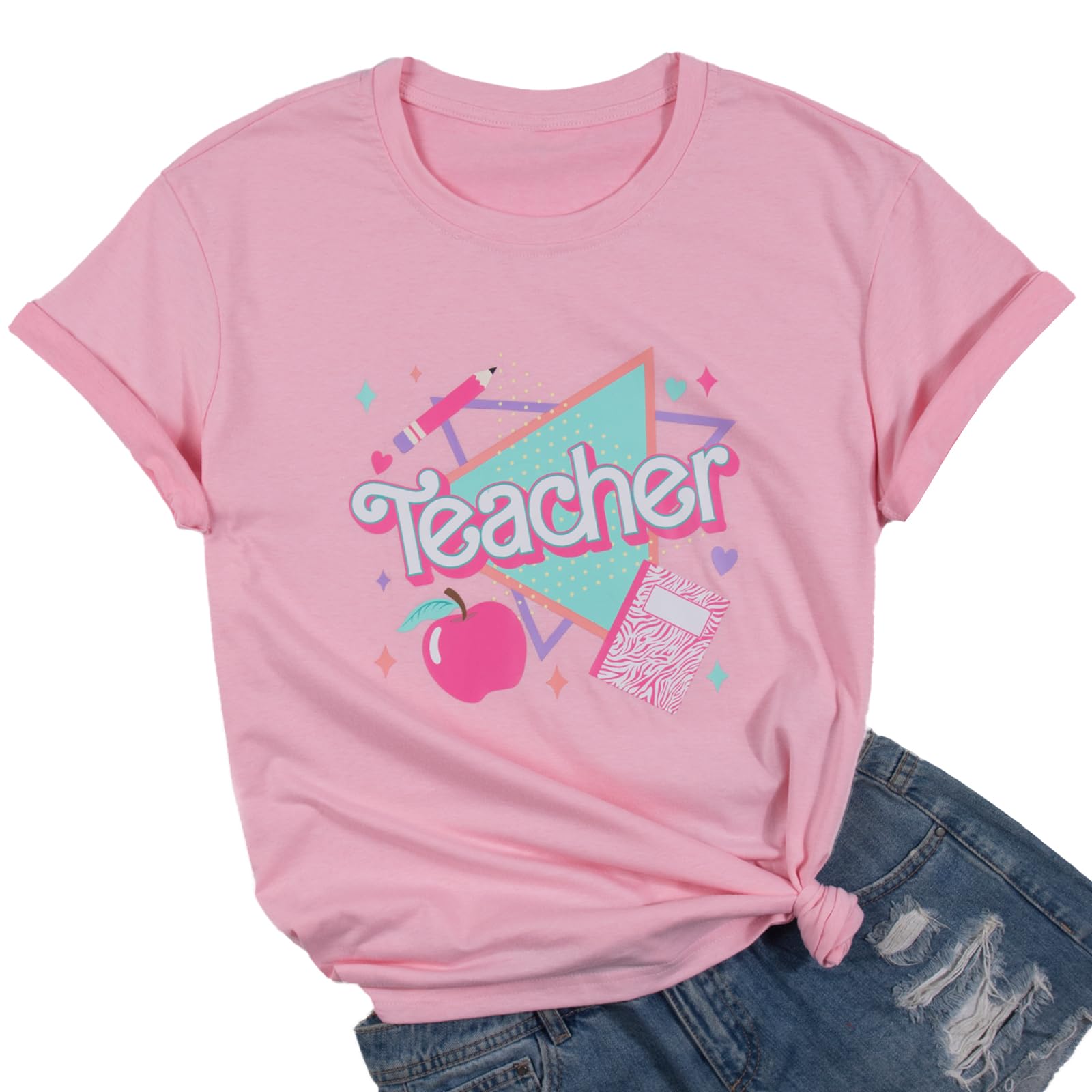 ALLTBTeacher Shirts for Women Vintage 80s 90s Teacher Life Tee Teach Love Inspire Teacher Gift Casual Short Sleeve Tops
