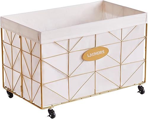 Mxfurhawa Cesta de lavandería plegable con ruedas, capacidad de 65 litros y forro extraíble, marco de metal resistente para almacenamiento y