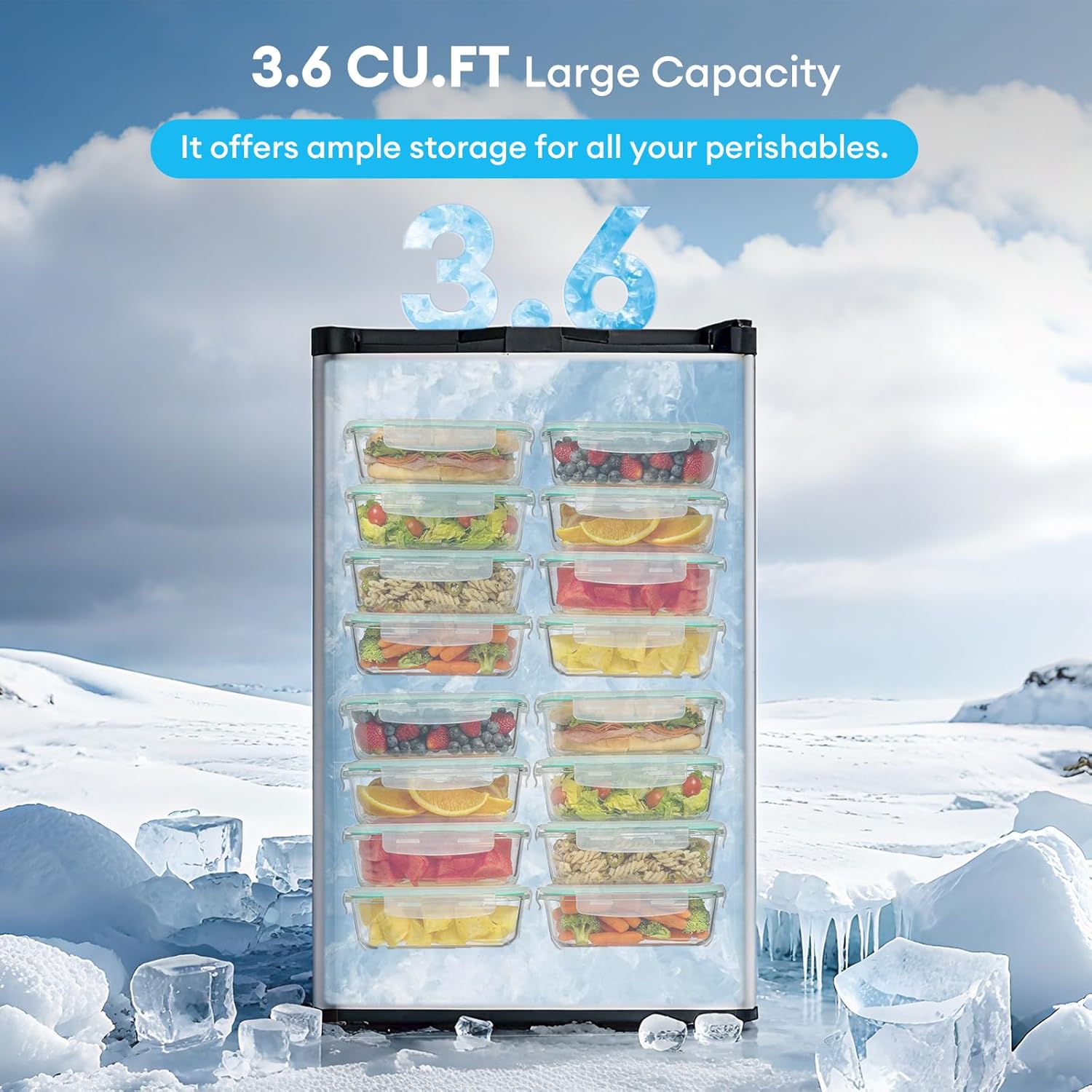 TABU 3.6 Cu Ft Upright Freezer, Freestanding Mini Freezer with 7 Adjustable Thermostat, Compact Freezer with Removable Shelves, Reversible Stainless Steel Door, Silver