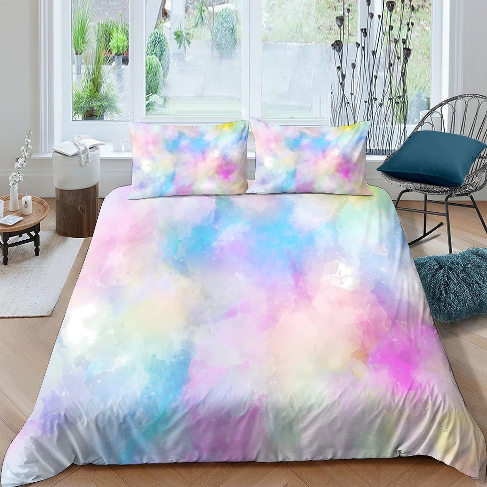 GPLZQXKJNH 3D Printed Pastel Watercolor Cloud Duvet Cover Microfiber Soft Rainbow Dream Bedding Set with 2 Pillowcases for Bedroom Decor Single（135x200cm）