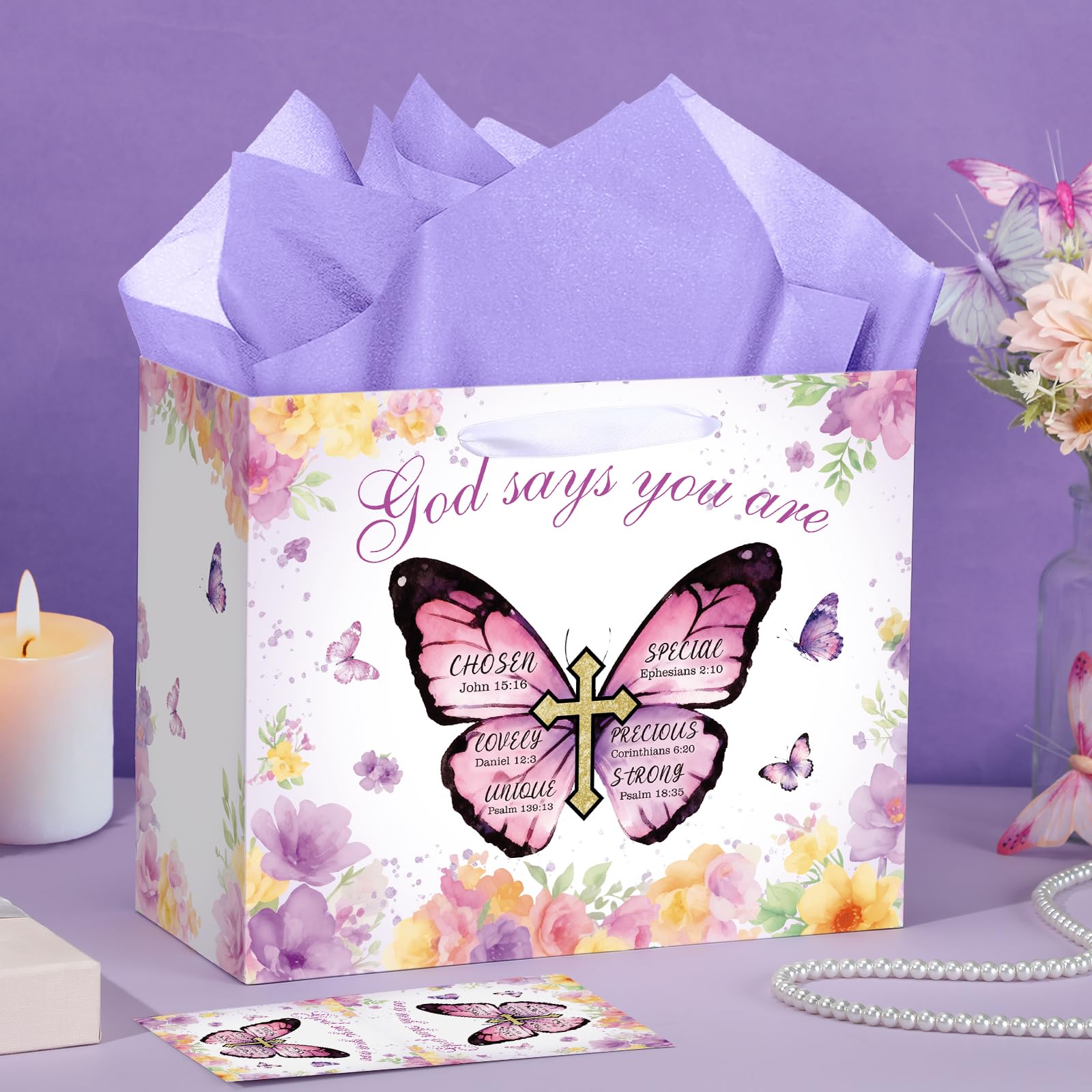 Butterfly Christian Baptism Gift Bag for Girls Women Purple Floral Religious Communion Gift Bags Wrapping Paper Card Flower Butterfly Cross Christening Confirmation Favor Bag Bible Verse Birthday Baby Shower Party Supplies Decor