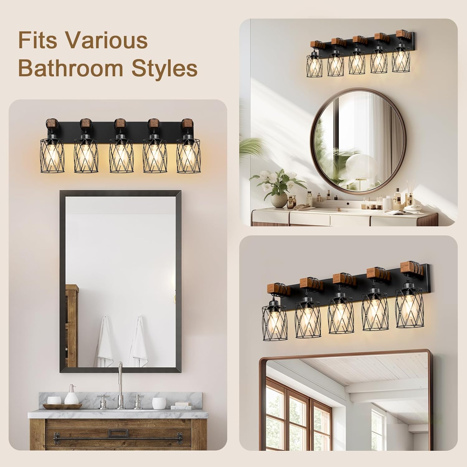 IZORRO Farmhouse Bathroom Vanity Light, 5-Light Wood Bathroom Light Fixtures Over Mirror, Black Industrial Vanity Lights with Metal Shade, Rustic Restroom Lighting Fixtures