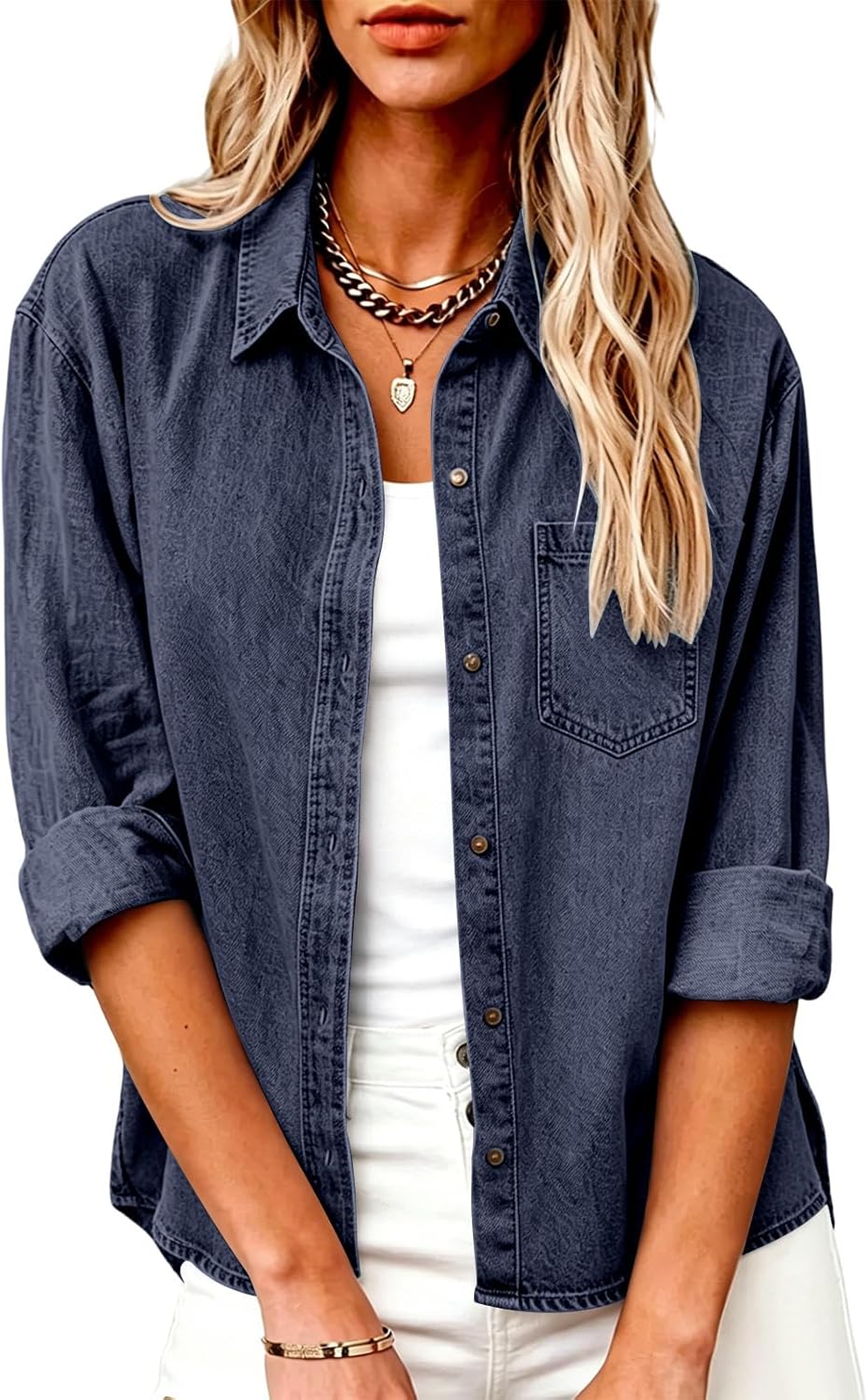Womens Denim Shirt Long Sleeve Collared Single Pocket Tops