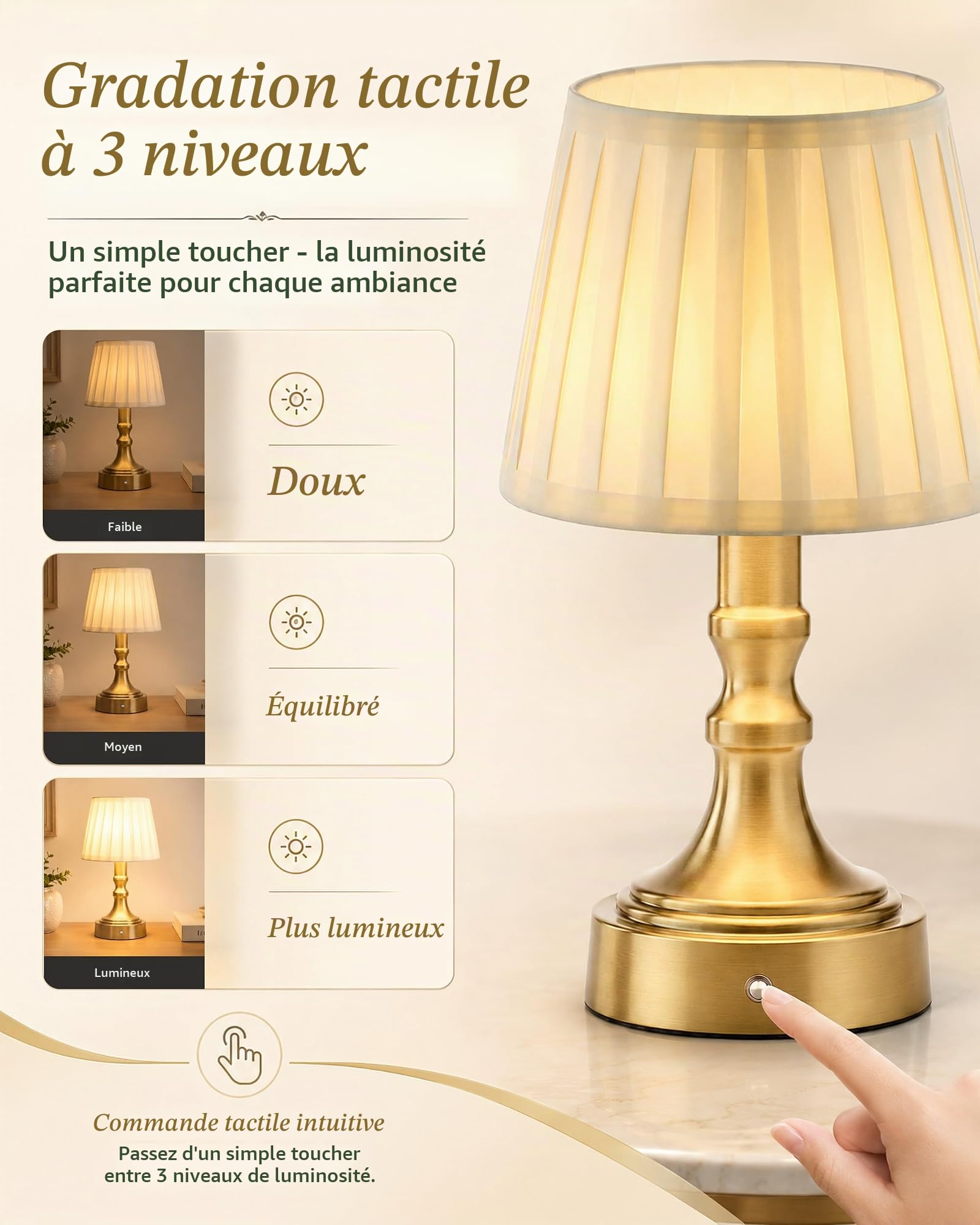 ACMHNC Lampe de Table Sans Fil Rechargeable, Tactile, Doré