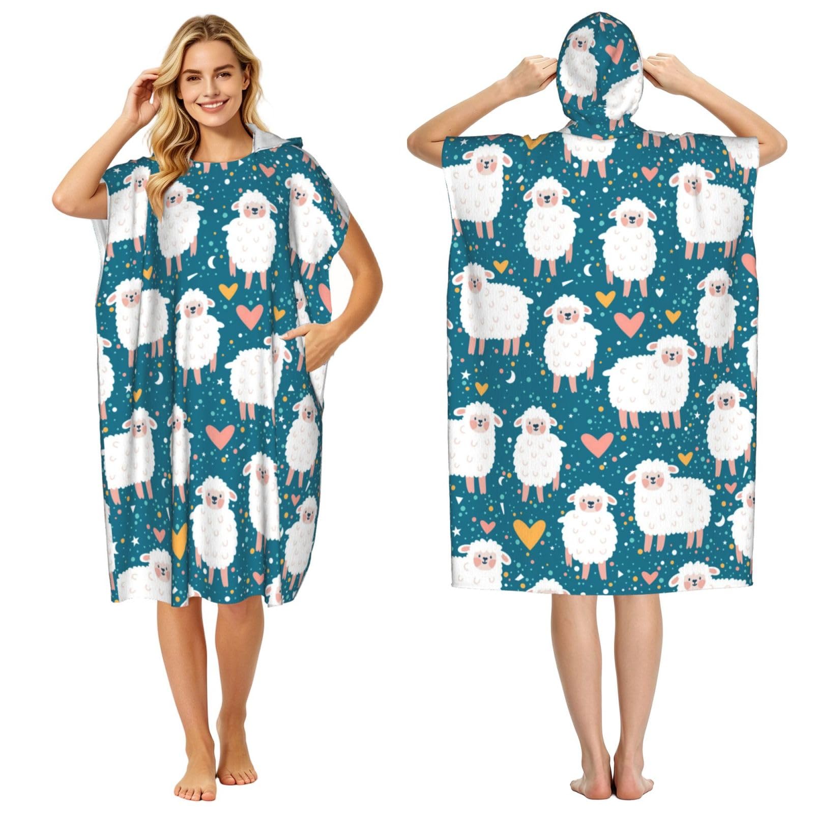 Poadnly Cute Sheep, Adult Hooded Beach Towel 90 x 110 cm,Changing Bath Robe, Surf Poncho Towel For Women Men