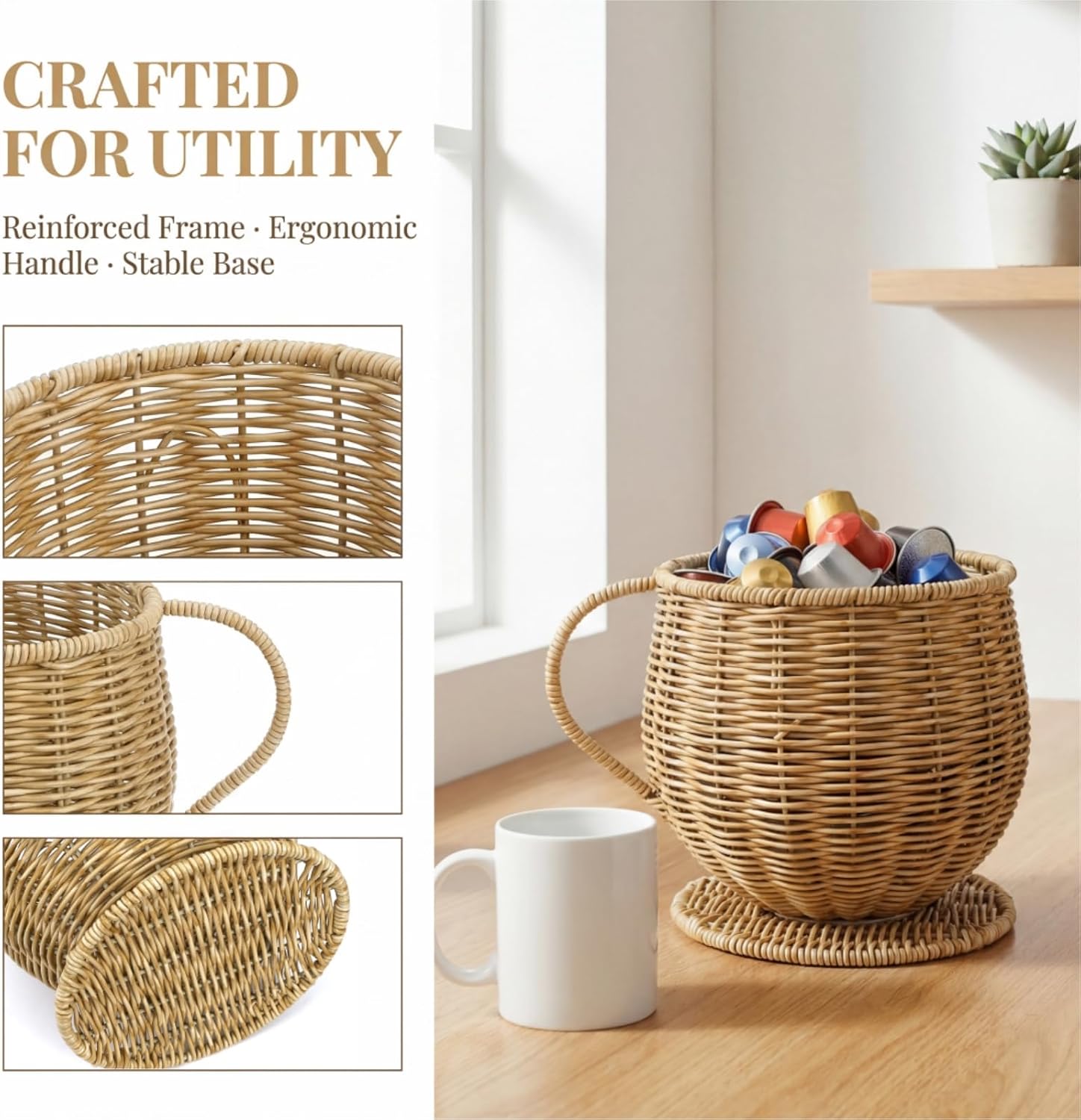 Coffee Pod Basket, Large Capacity Coffee Pod Container with Handle, Handwoven K Cup Holder Capsule Storage for Counter, Home, Office, Coffee Bar