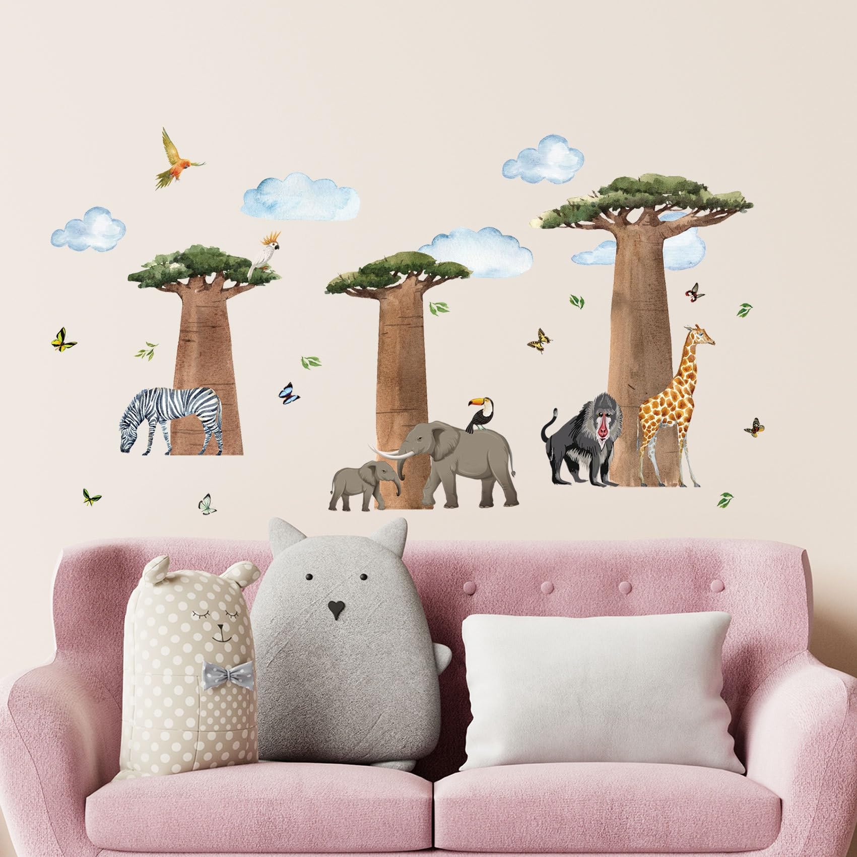 Zestaw naklejek ściennych ze zwierzętami safari, afrykańskie baobaby z dziką przyrodą, duży rozmiar 118 x 70 cm, naklejki do pokoju dziecięcego w stylu akwareli