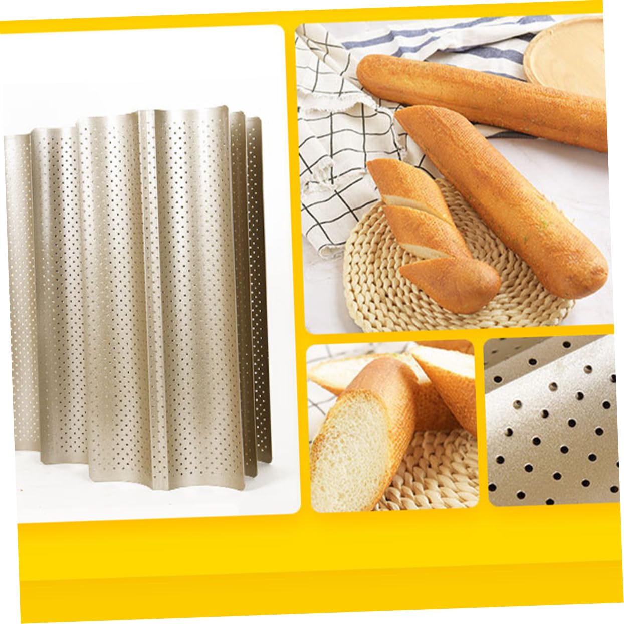 Bandeja para Hornear Baguette Antiadherente Dorada de Acero al Carbono | Orificios de Ventilación, Reutilizable y Resistente al Calor, para Pan Casero, Limpieza Sencilla