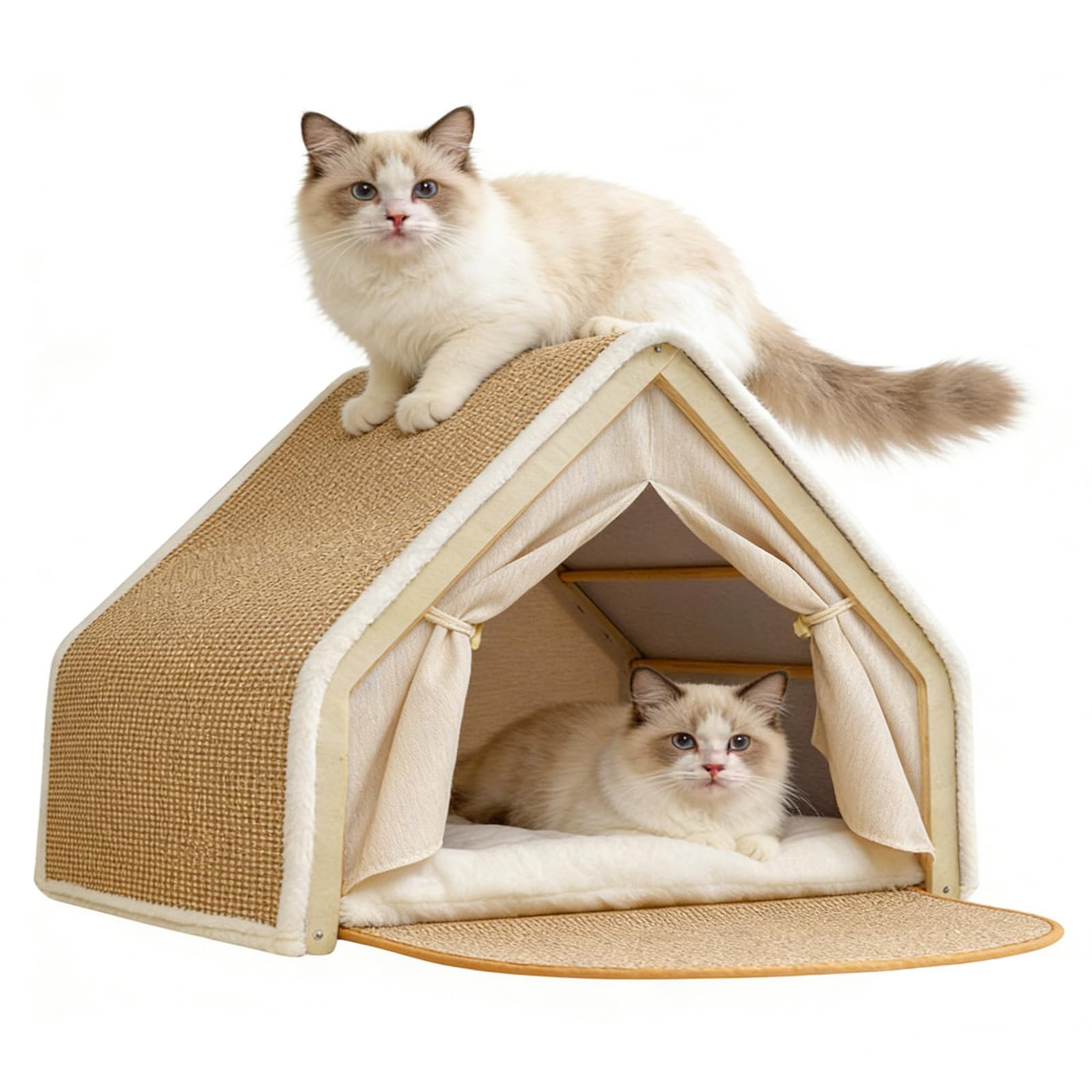 3-in-1 Gemütliches Katzenhaus Sisal mit Holzrahmen