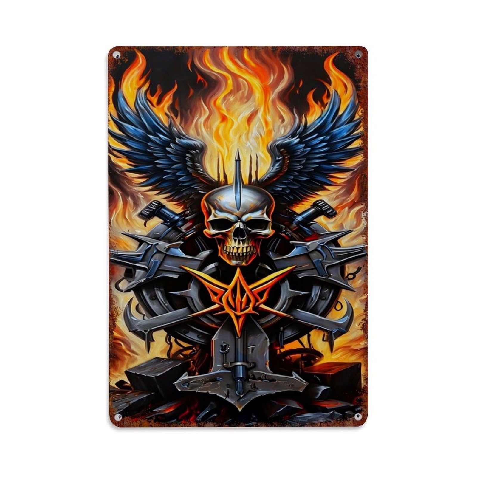 Jdfenggu Vintage Skull Wings Flames Swords Armor Retro Metal Tin Sign, Decor Art Poster For Bar, Home, Man Cave, Kitchen, Laundry Room Gift 8X12inch