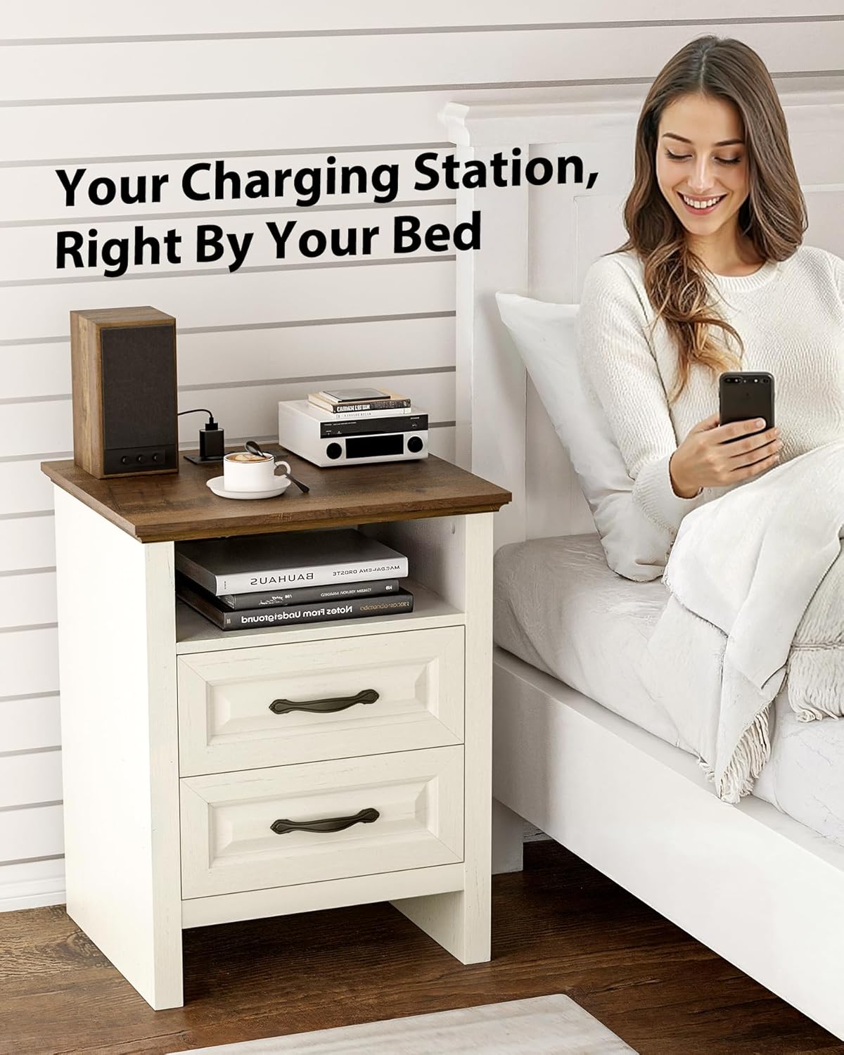 Pipishell Night Stand Set 2 with Charging Station, Farmhouse Bedside Table with 2 Drawers and Open Storage, Rustic End Table with AC Outlets & Type-C Ports for Bedroom, White & Brown, 2 Pack