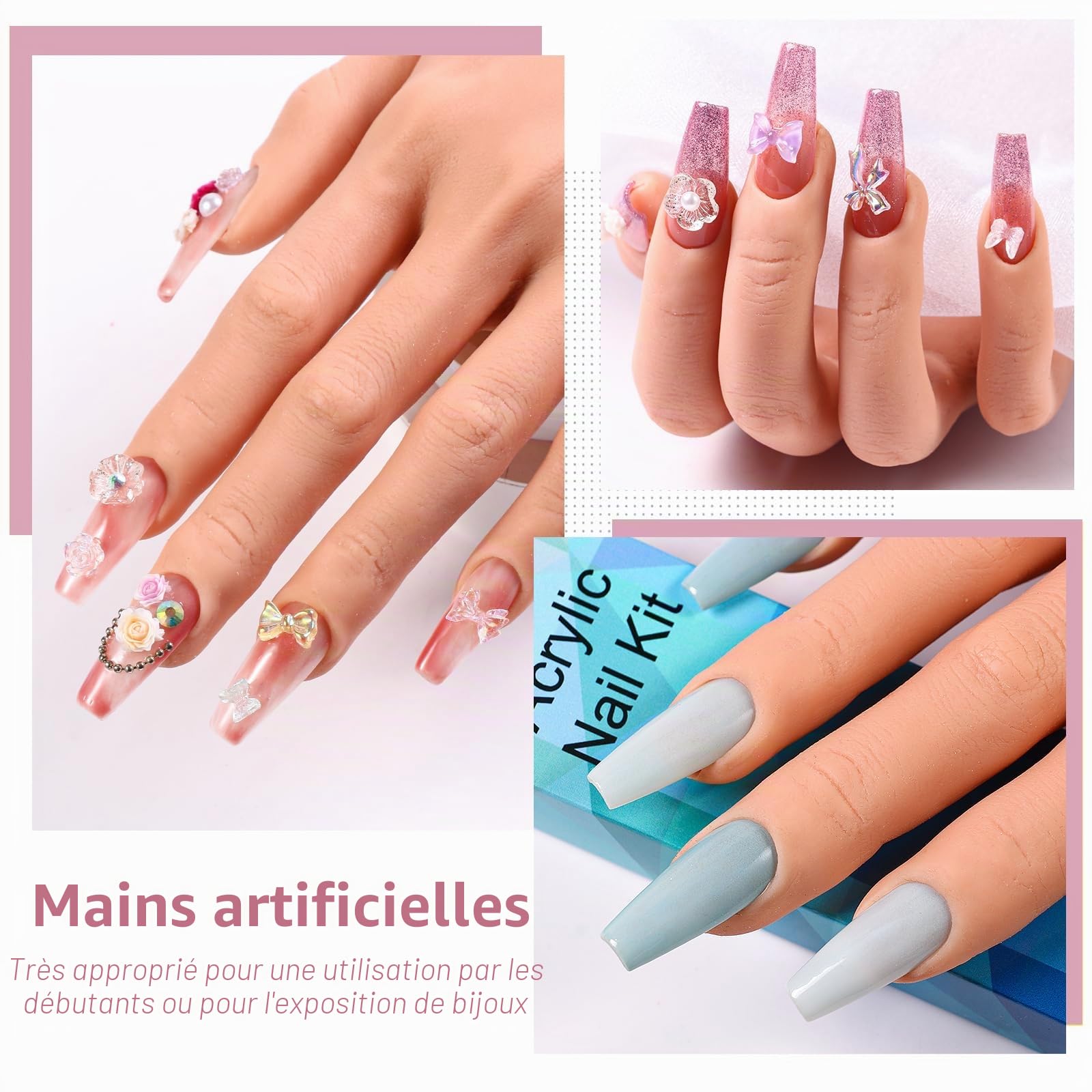Main d'entraînement pour ongles en acrylique – Main d'entraînement des ongles en silicone – Modèle de pratique flexible pour les débutants professionnels (-25)