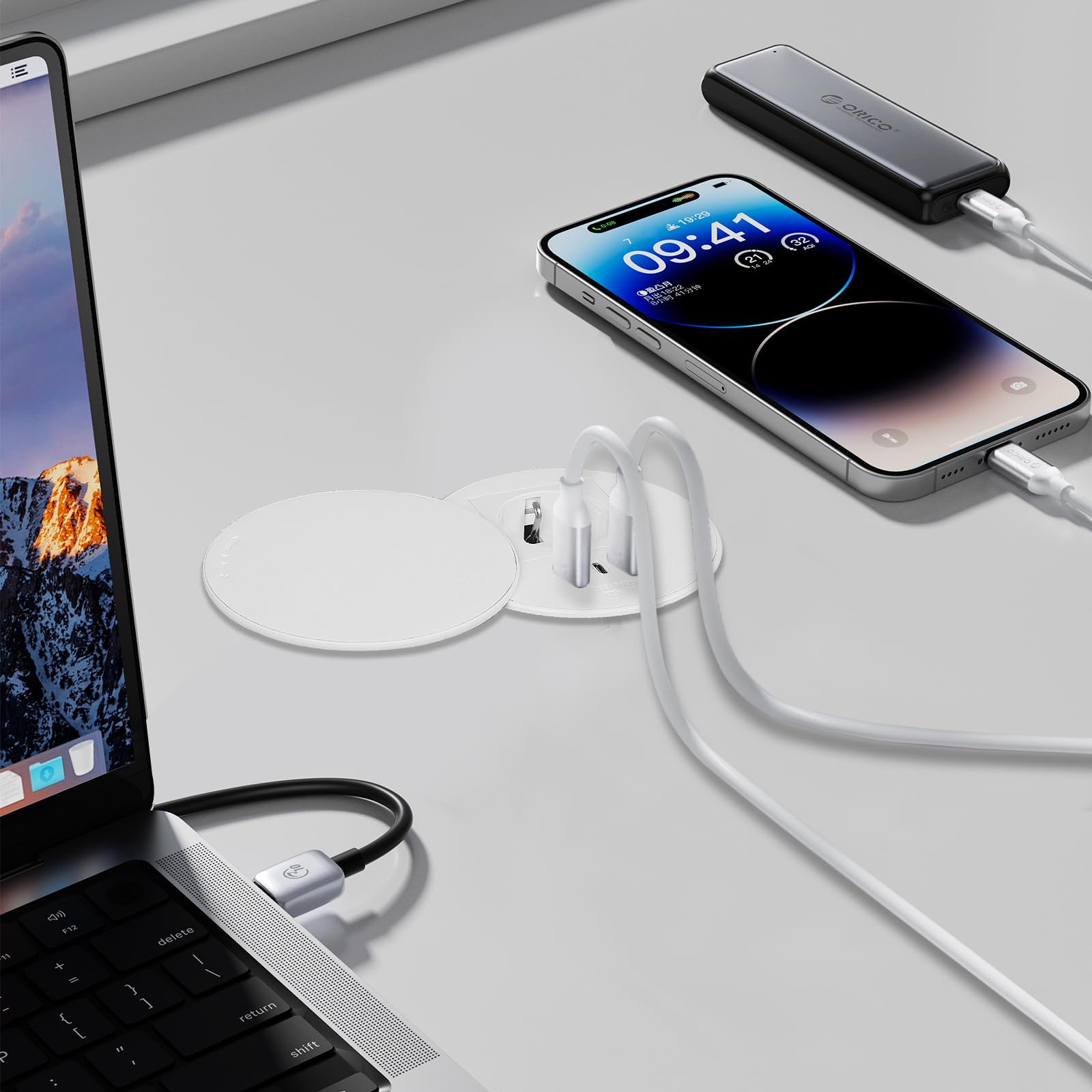 Presa da incasso con coperchio, presa da tavolo con 1 Schuko e 1 connettore USB-A e 1 connettore USB-C e cavo di alimentazione da 1,5 m, prese per foro da tavolo da 80 mm