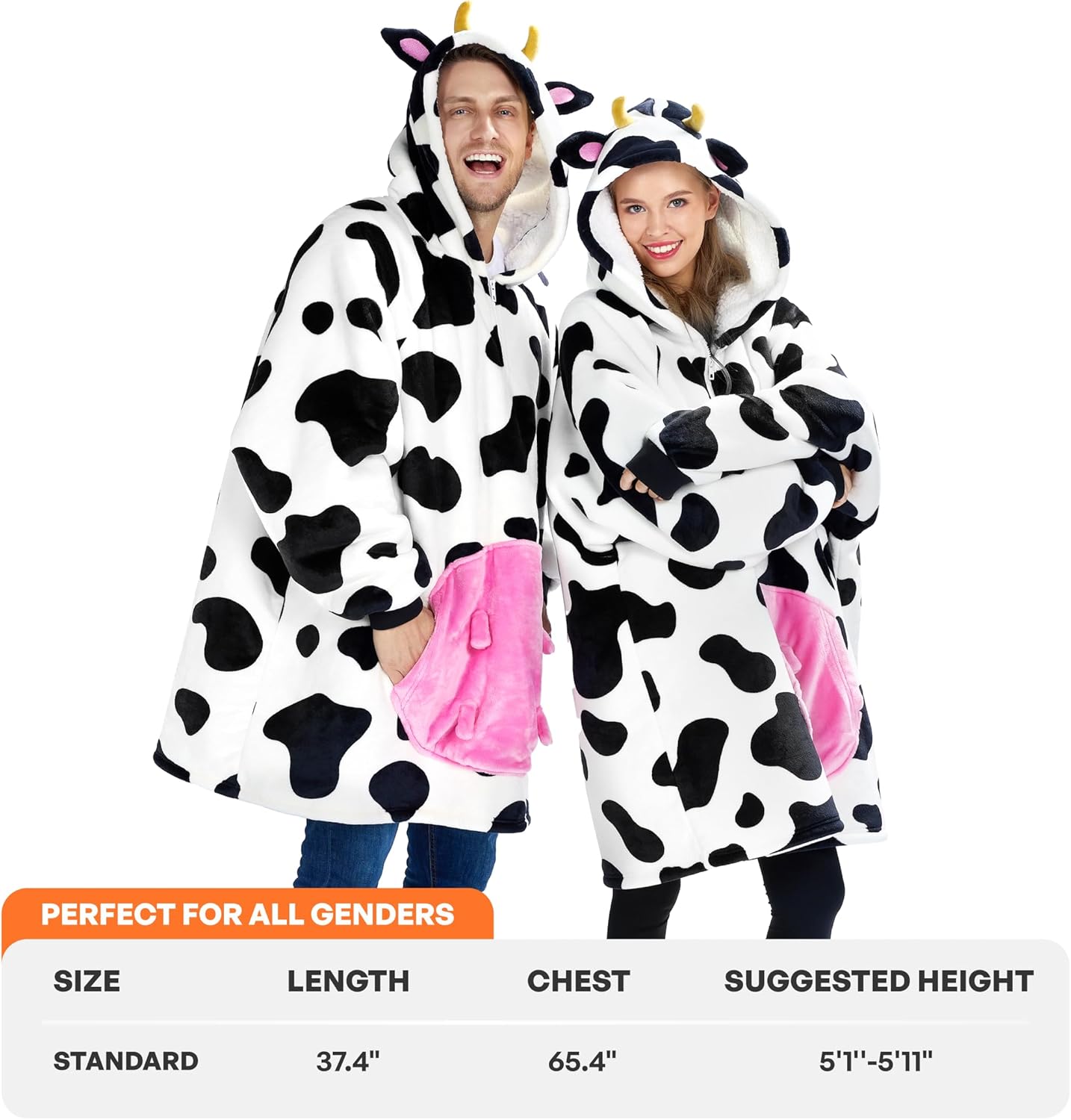 Giggling Getup Wearable Blanket Hoodie for Women and Men Sherpa Fleece Hooded Blanket Sweatshirt Warm Cozy Sherpa Wearable Throw Oversized Hoodie with Giant Pocket & Sleeves for Adult Cow - Image 4