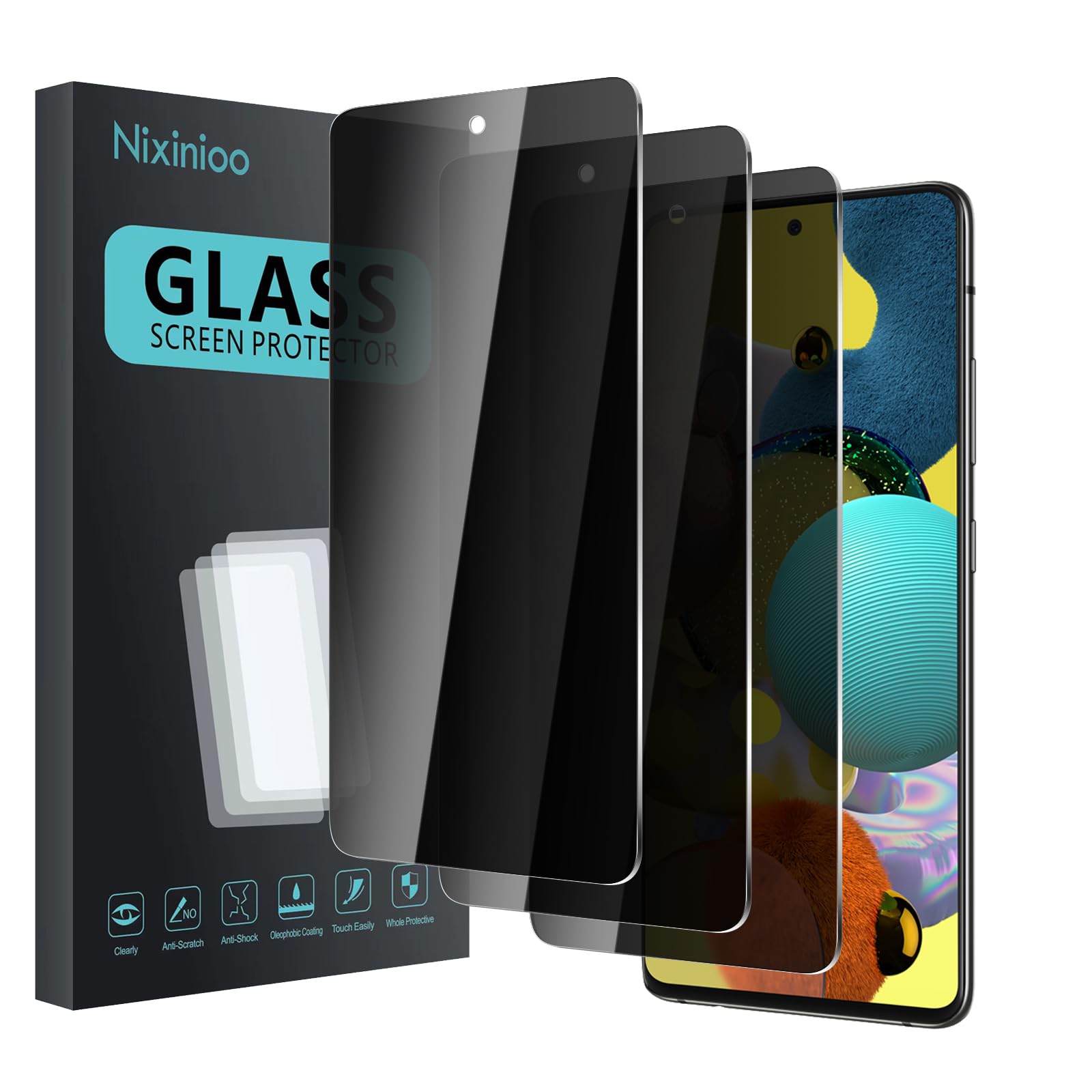 Paquete de 3 protectores de pantalla de privacidad para Samsung Galaxy A51 / A53 / A52 / A52S, vidrio templado antiespía, dureza 9H, protector negro antiespía, sin burbujas, antiarañazos