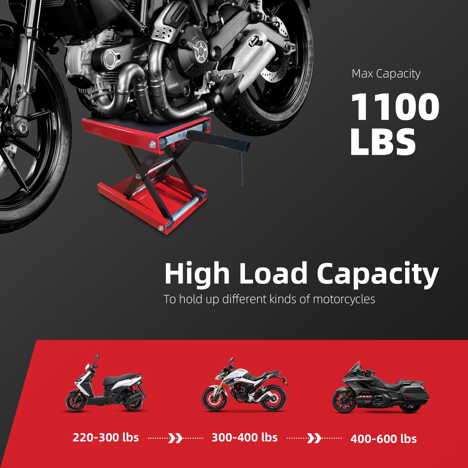 Sollevatore moto regolabile in altezza 4-13 pollici, cric carrello a forbice in acciaio 500 kg 1100 lbs