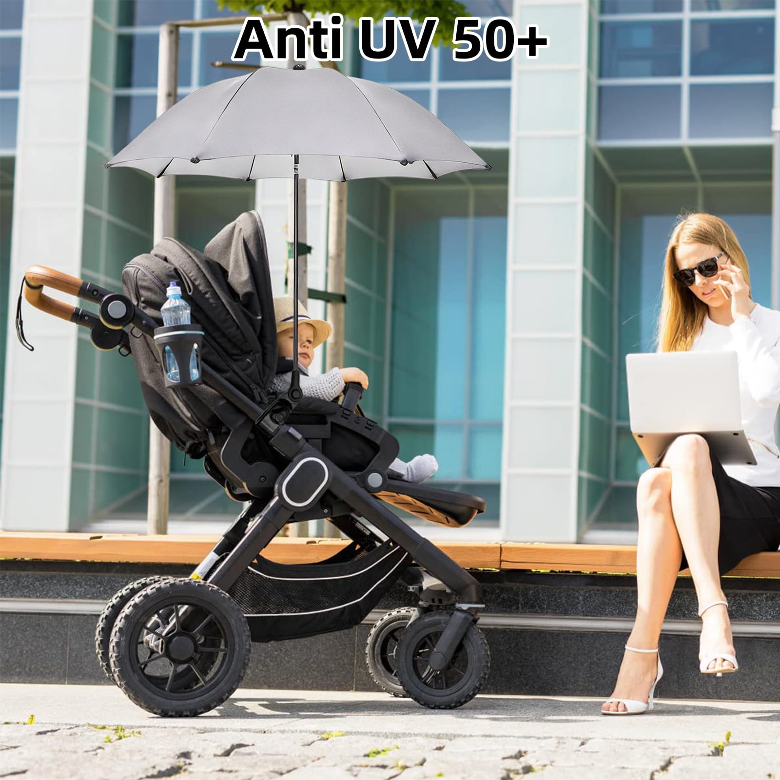 Ombrellino Passeggino Universale, Ombrellino Parasole Passeggino Anti UV 50+, Ombrello Parasole Passeggino con Un Manico, Ombrellone per Passeggino per Carrozzina e Passeggino-Grigio