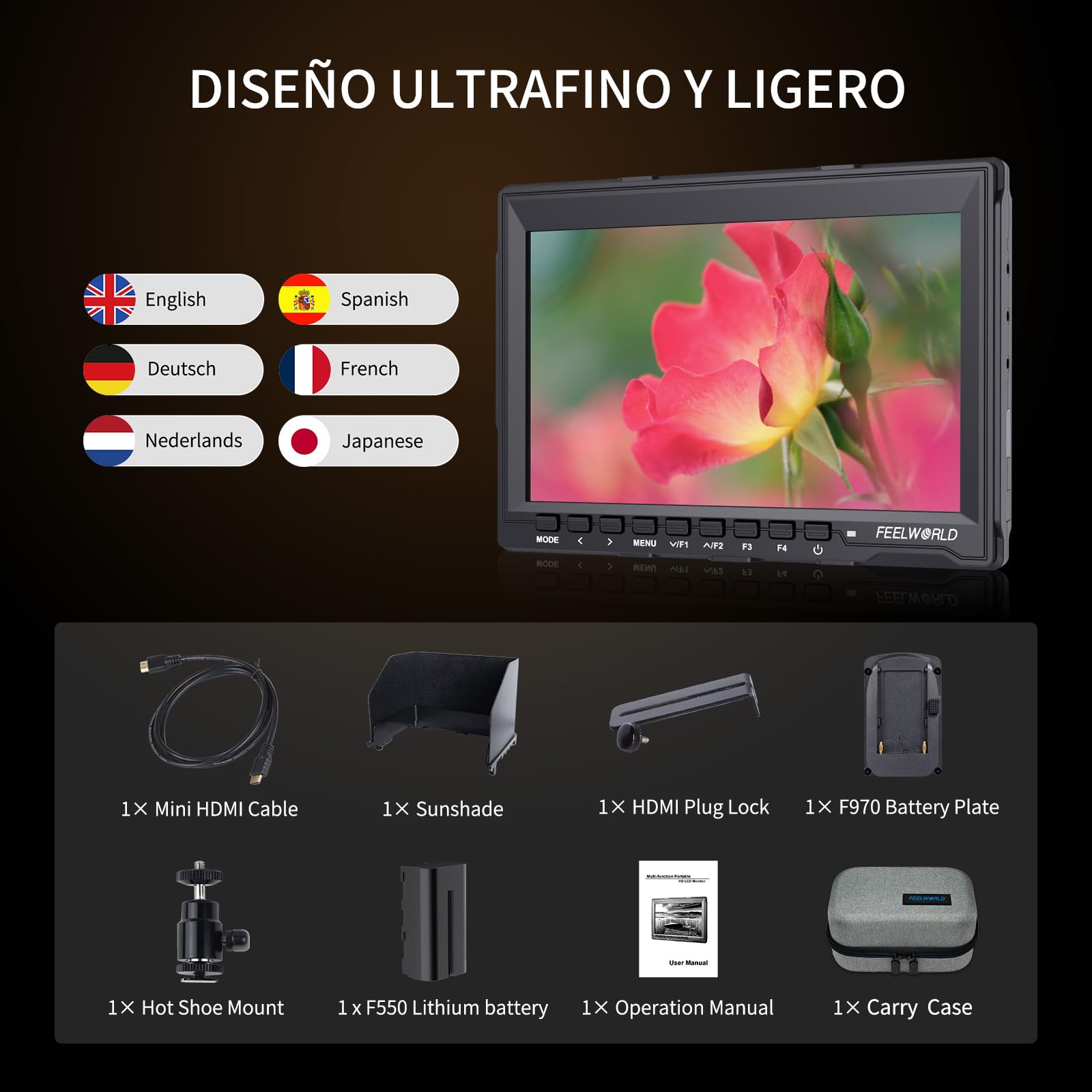 FEELWORLD FW759 Monitor de Campo de 7 Pulgadas con Batería F550 de 2200 mAh Full HD Focus Video Assist 1280x800 IPS con Salida HDMI 4K