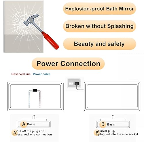 Miniatura 6 de FEBOD Espejo de pared para baño espejo rectangular con luces LED espejo de pared grande de vidrio templado espejos de pared decorativos