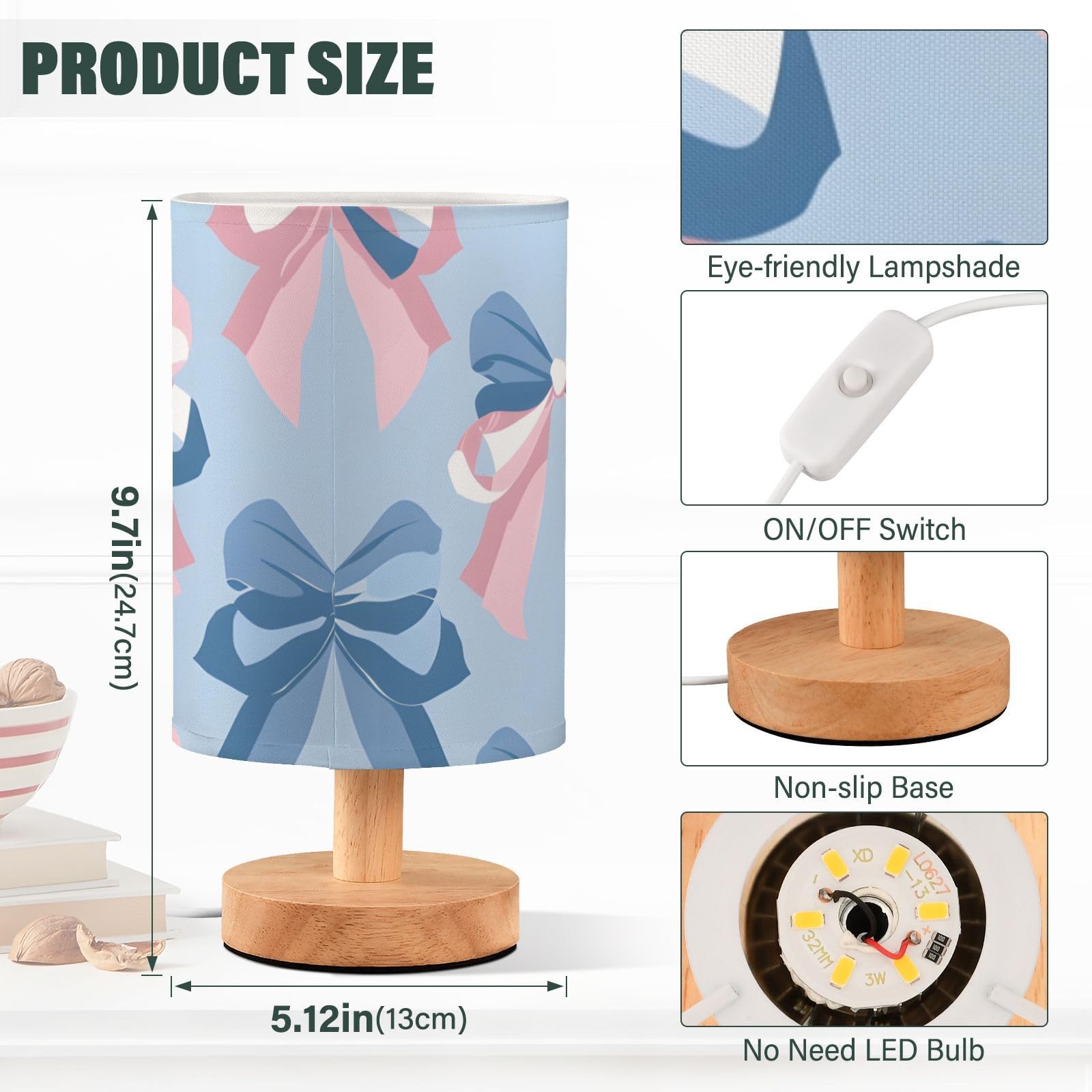 Mnsruu Bedside Table Lamp Pink Bow Blue Pattern Bedside Lamps LED Light Desk Lamp Fabric Shade Small Lamp for Bedroom Living Room (Bulb Included) - Image 3