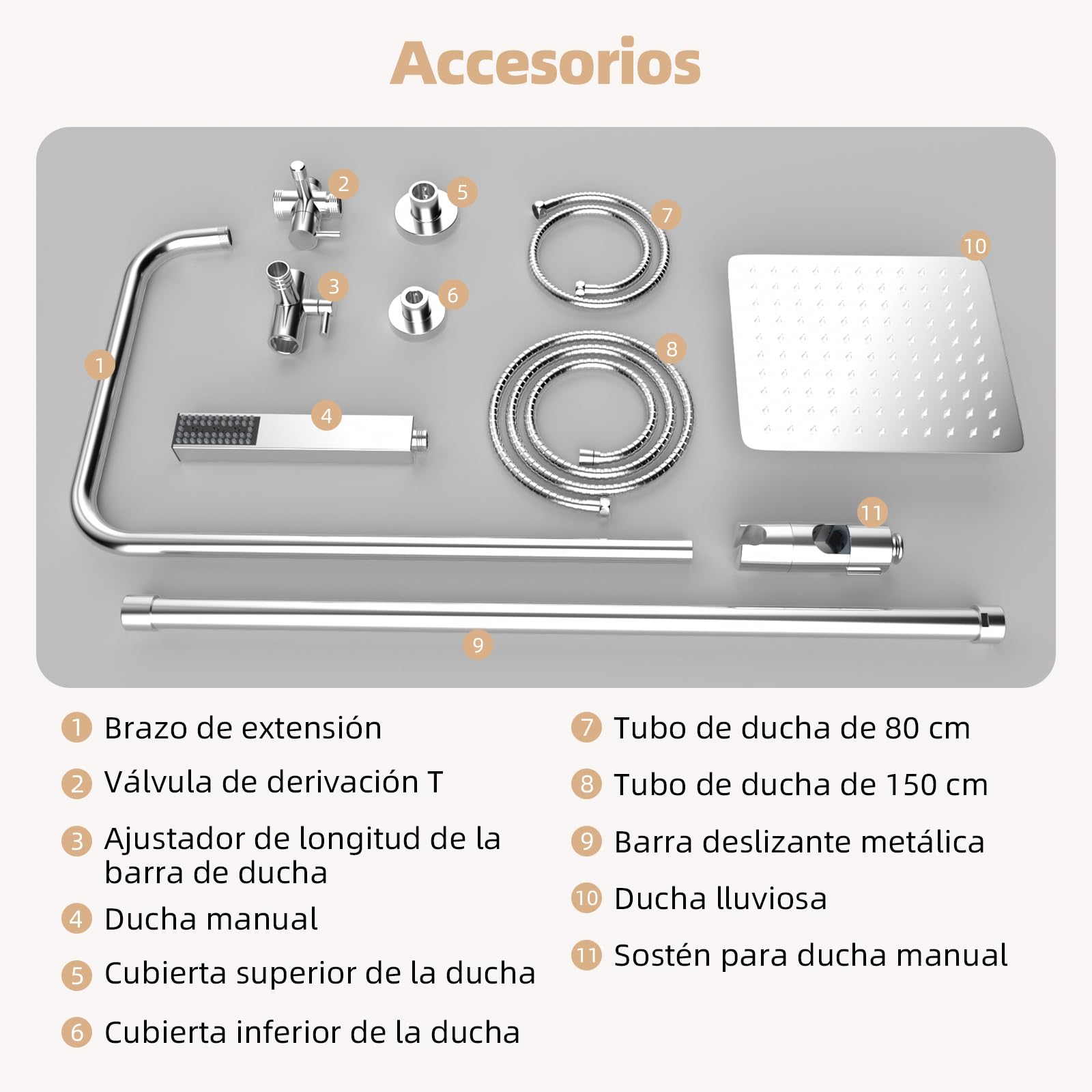 Hibbent Set de Ducha de Lluvia en Metal con Mano 4 Modos, Altura Ajustable, Kit sin Grifería, Válvula de Desvío en Latón, Cromado