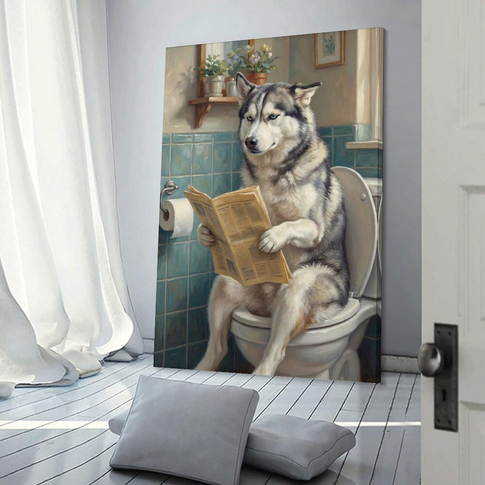 Junmoney Frame-Style-22 Husky Dog Reading Newspaper On Toilet Decorative Wall Artwork 16X24inch(40X60cm), For Corridors, Hallways Or Apartment Entries, Home Artwork For First Impressions