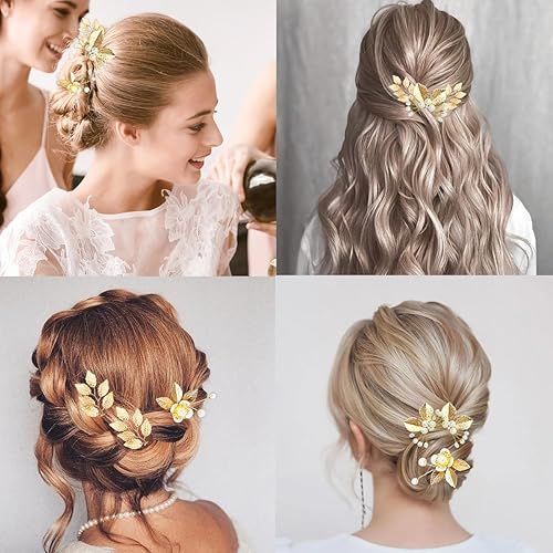 Miniatura 2 de 8 horquillas de cabello de hoja dorada con cristales, perlas, diamantes de imitación, tocado de novia, horquillas de peinado de boda, accesorios